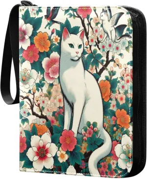 Cat and Flowers Card Binder 4 Pockets, 400 Pockets Trading Card Binder Removable Card Albums Card Holder for Games, Sports, Football, Baseball Cards