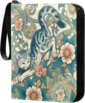 Cat and Flowers Card Binder 4 Pockets, 400 Pockets Trading Card Binder Removable Card Albums Card Holder for Games, Sports, Football, Baseball Cards