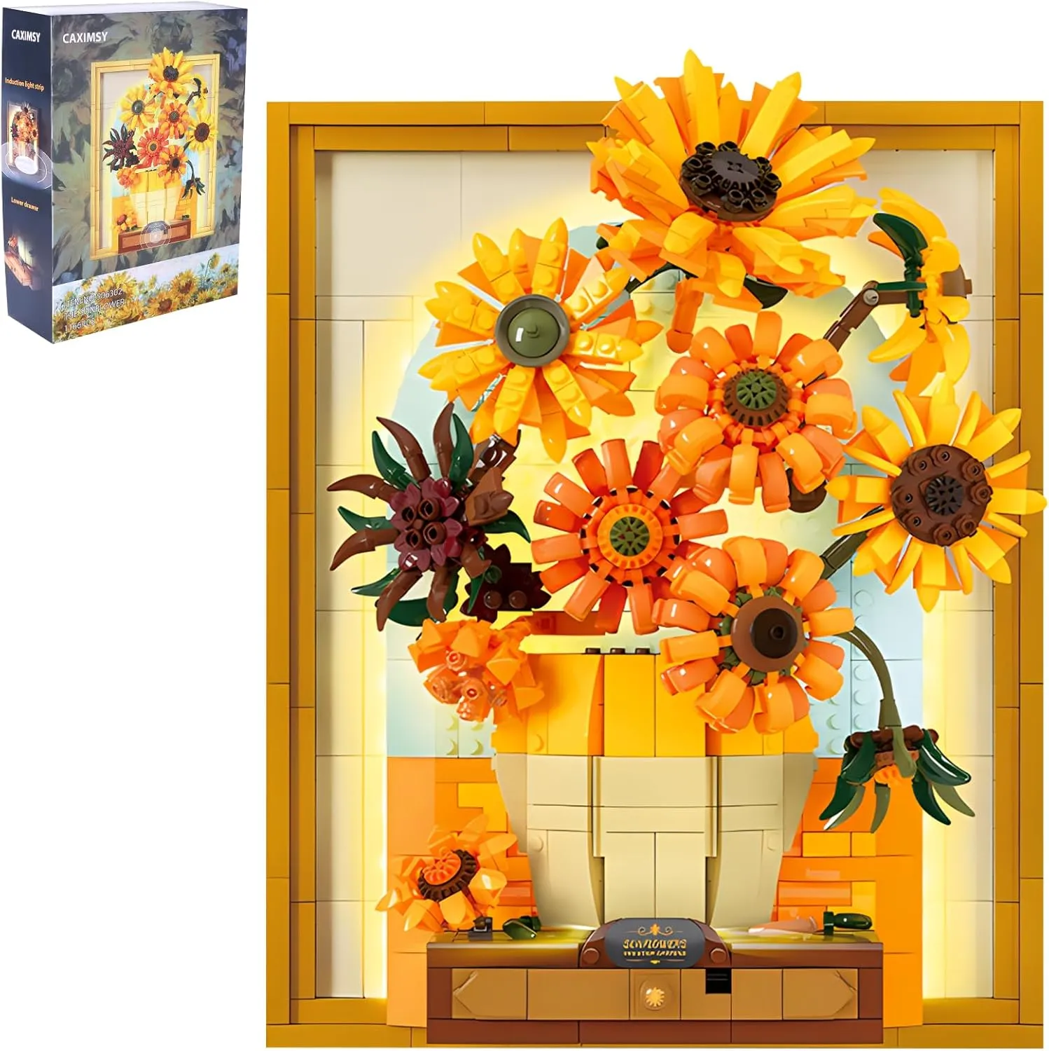 CAXIMSY Flowers Sunflower Building Block Sets Crafts for Adults with Lights,Van Gogh Wall Art Painting Frame Gifts for Mother's/Valentine's Day，Artificial Flower for Room Home Decor（1166 Pieces）