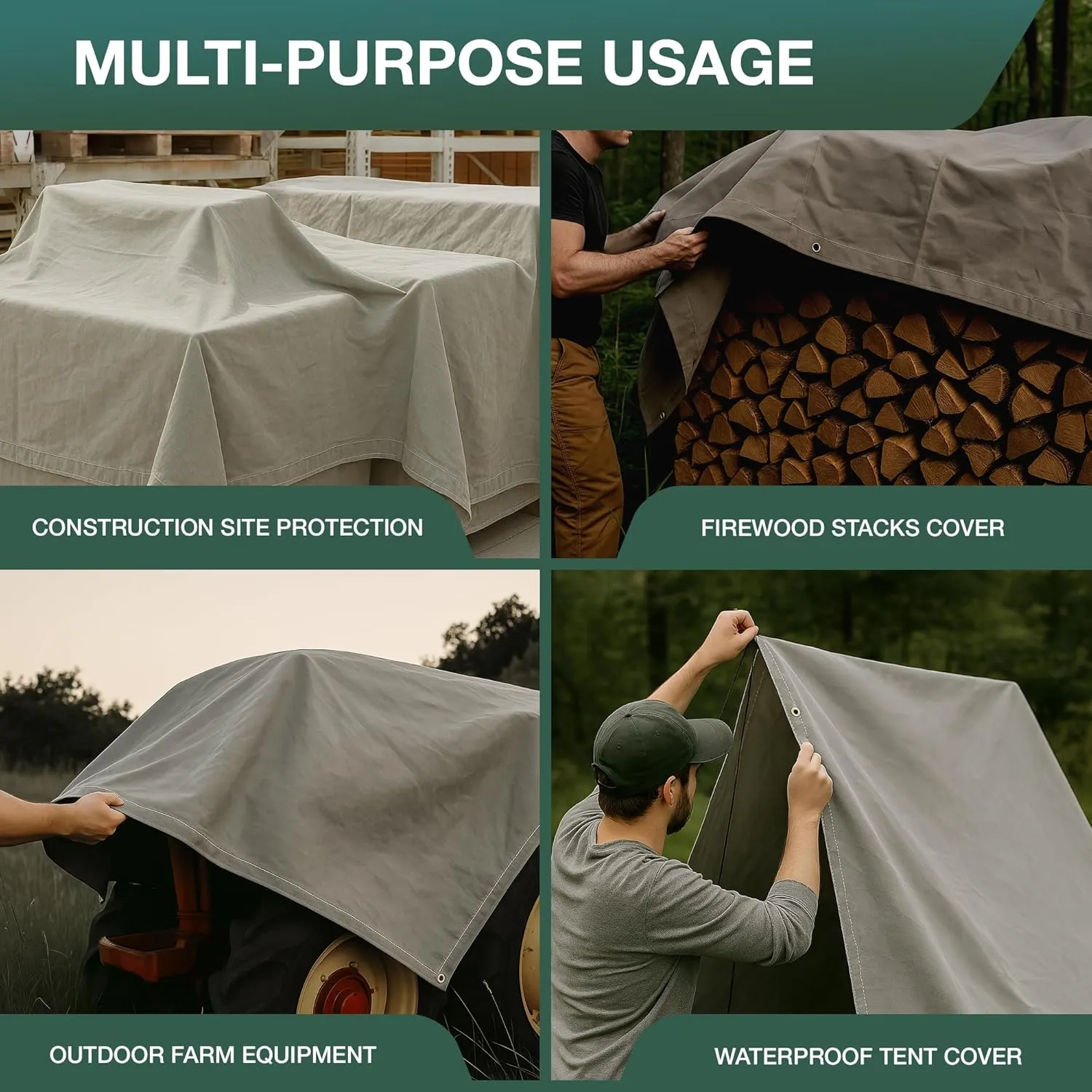 CCS Waterproof Canvas Tarp Cover – Heavy Duty Duck Cloth, Waxed Canvas Tarpaulin with Rustproof Brass Grommets for Camping, Construction, Equipment & Outdoor Use (Grey, 8x10 Ft)