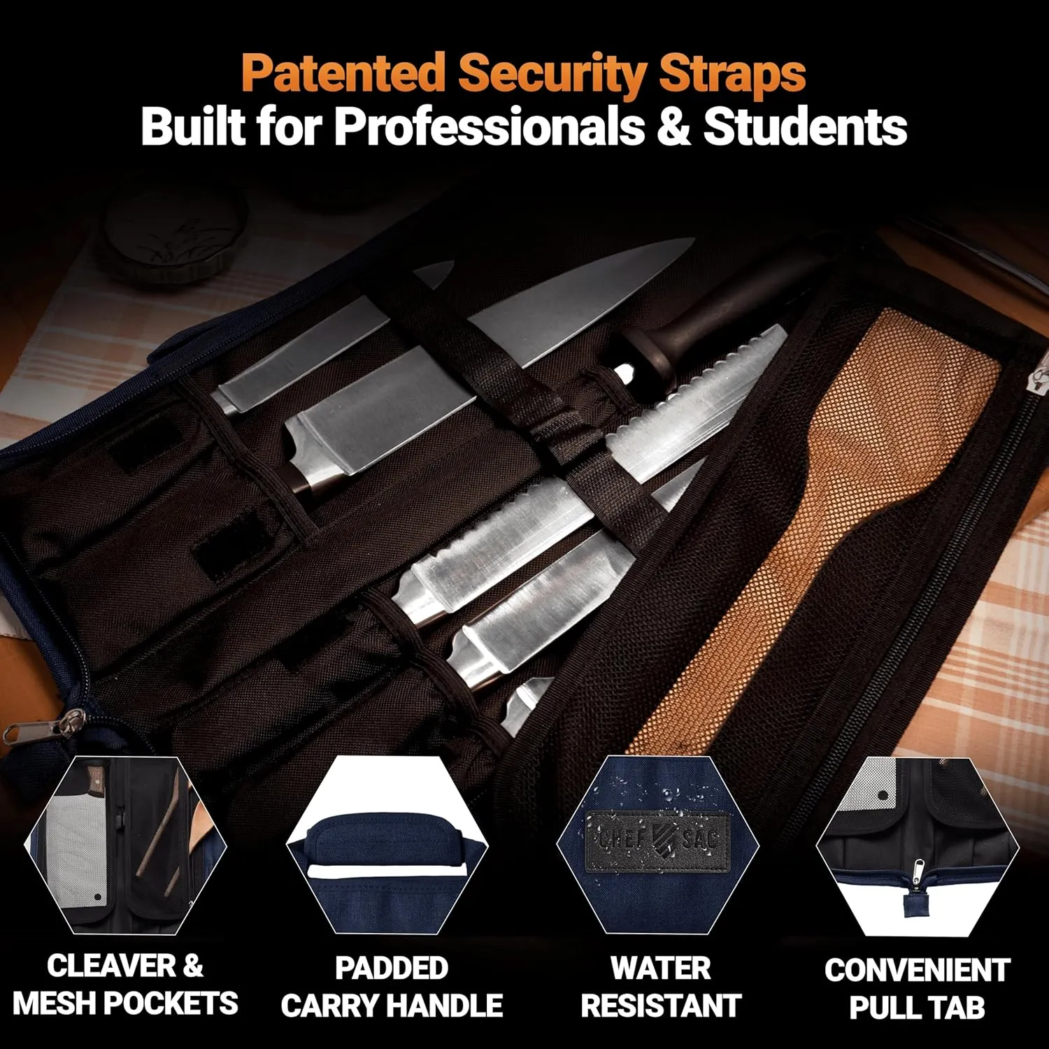 Chef Knife Roll Bag Travel Case | 8 Pockets for Knives & Tools | 2 Flaps with Cleaver & Mesh Pocket | Honing Rod Slot | Chef Knife Case for Professional & Culinary Work | Knives Not Included (Navy)