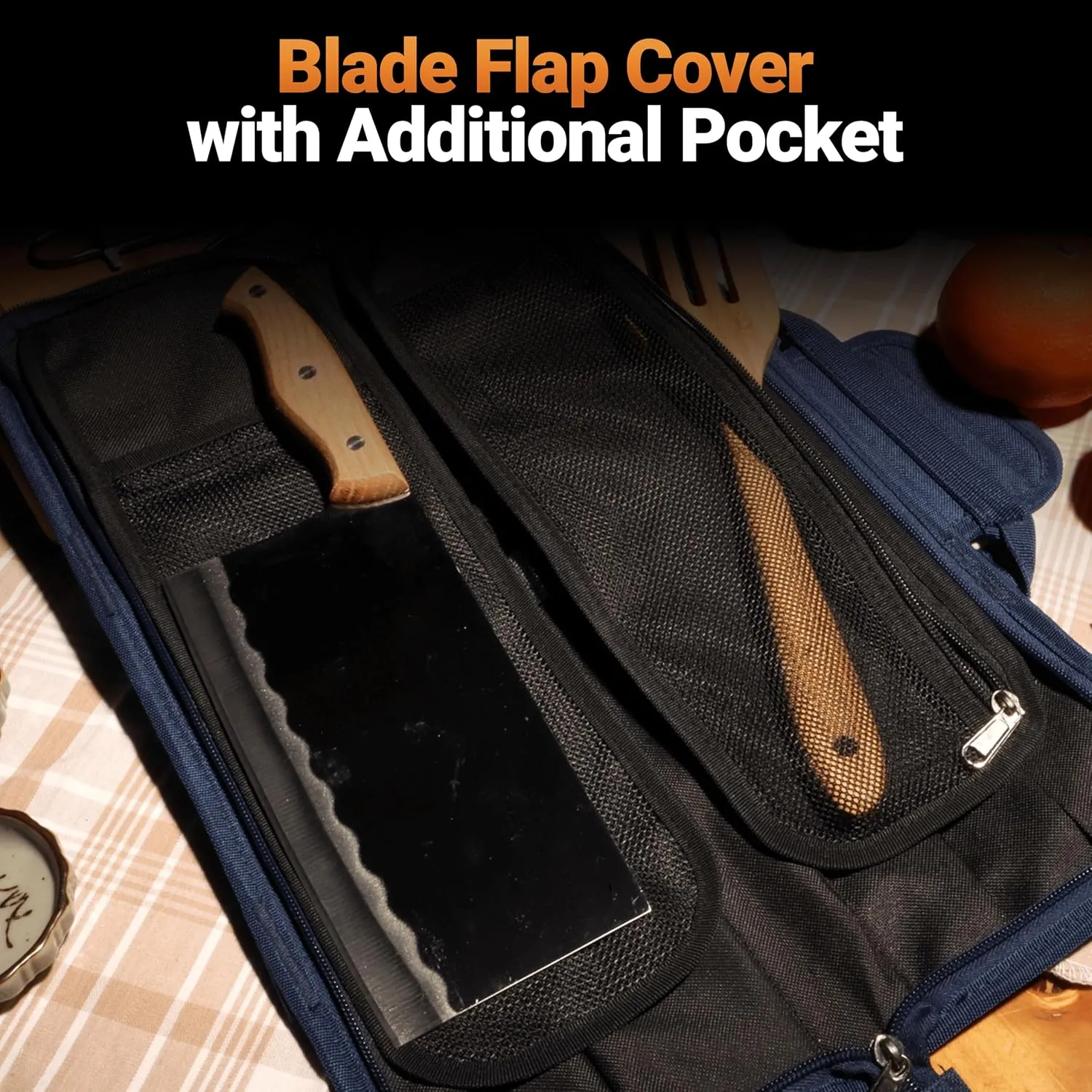 Chef Knife Roll Bag Travel Case | 8 Pockets for Knives & Tools | 2 Flaps with Cleaver & Mesh Pocket | Honing Rod Slot | Chef Knife Case for Professional & Culinary Work | Knives Not Included (Navy)