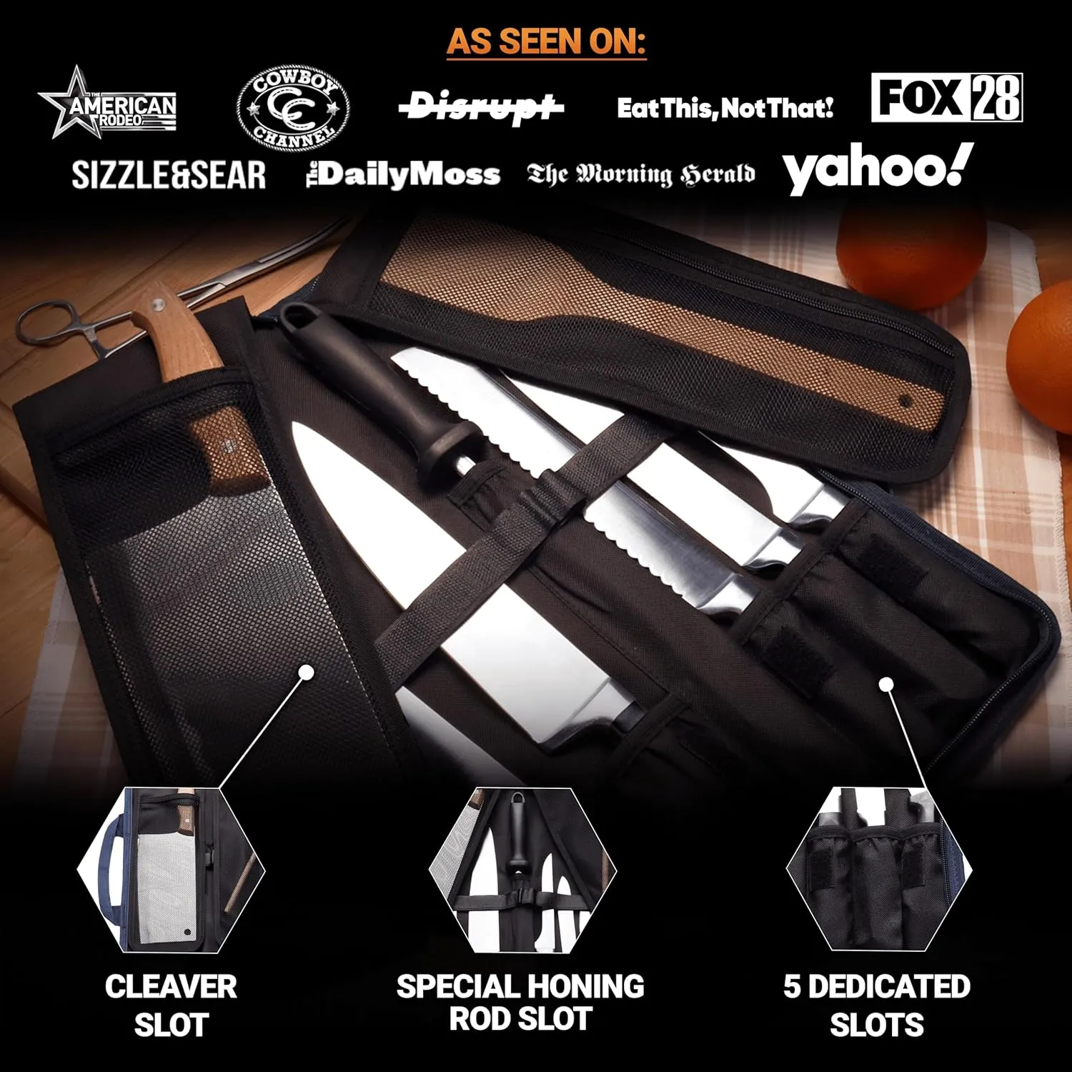 Chef Knife Roll Bag Travel Case | 8 Pockets for Knives & Tools | 2 Flaps with Cleaver & Mesh Pocket | Honing Rod Slot | Chef Knife Case for Professional & Culinary Work | Knives Not Included (Navy)