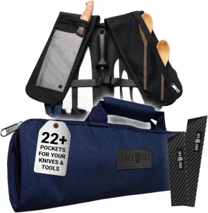 Chef Knife Roll Bag Travel Case | 8 Pockets for Knives & Tools | 2 Flaps with Cleaver & Mesh Pocket | Honing Rod Slot | Chef Knife Case for Professional & Culinary Work | Knives Not Included (Navy)
