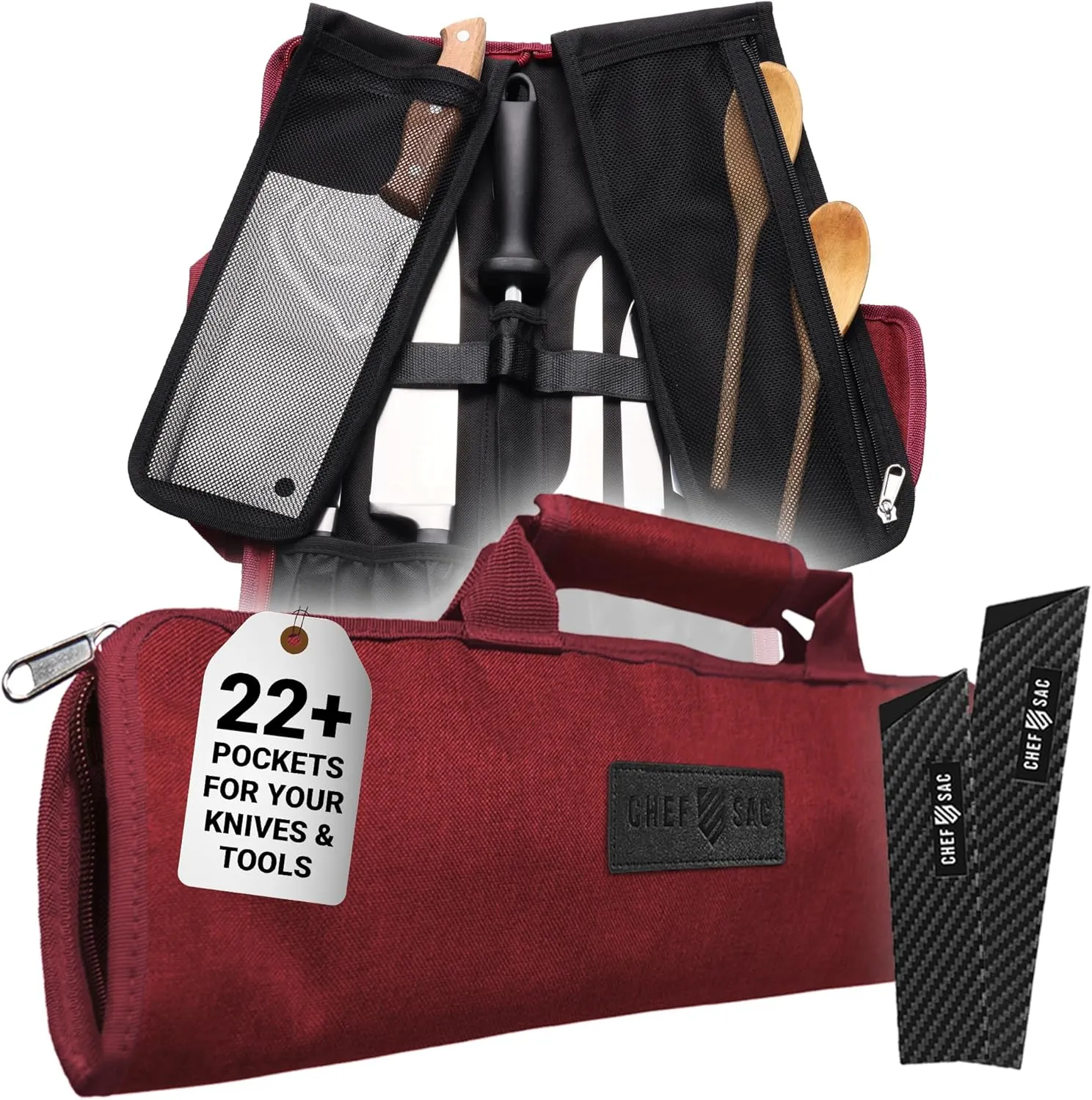 Chef Knife Roll Bag Travel Case | 8 Pockets for Knives & Tools | 2 Flaps with Cleaver & Mesh Pocket | Honing Rod Slot | Chef Knife Case for Professional & Culinary Work | Knives Not Included (Red)