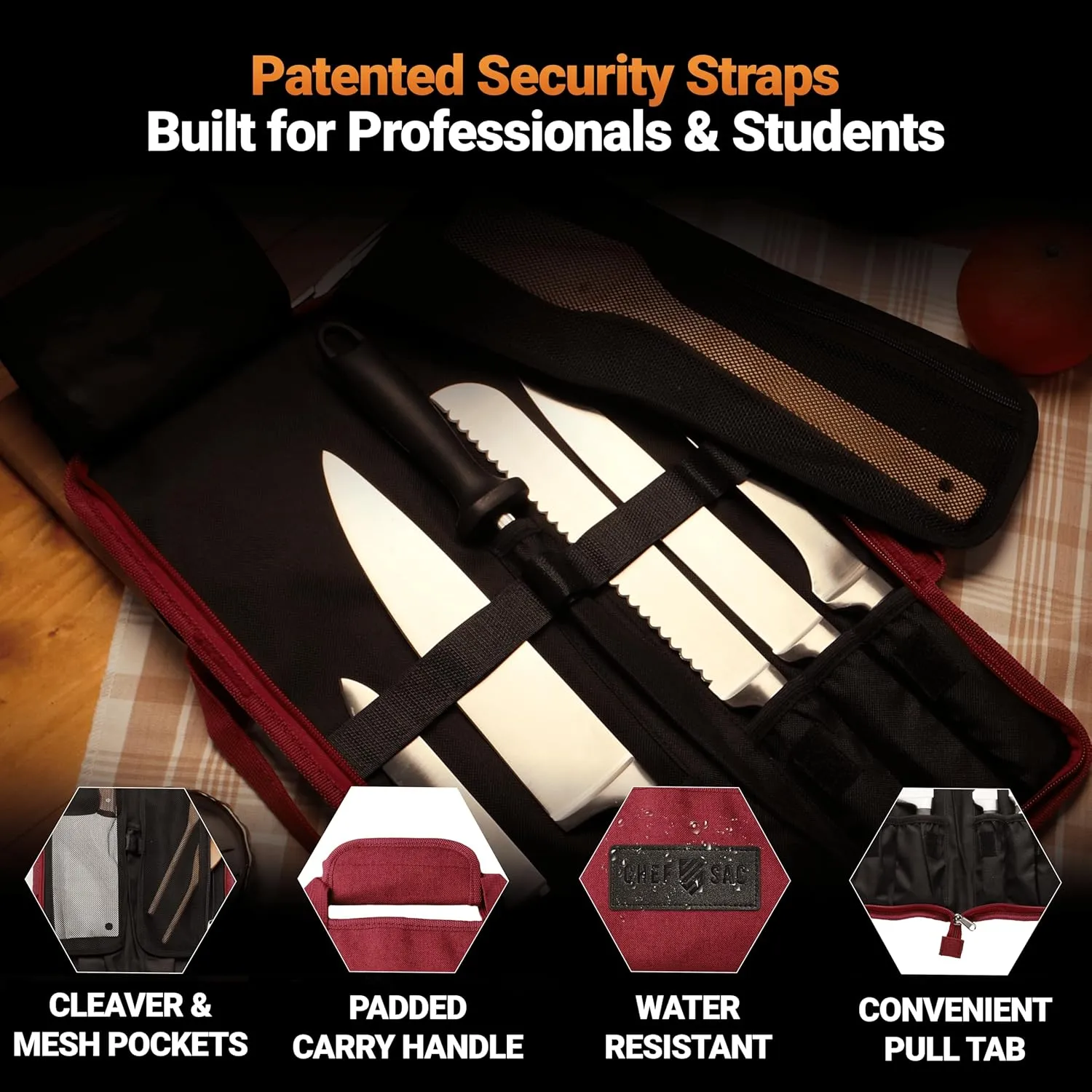 Chef Knife Roll Bag Travel Case | 8 Pockets for Knives & Tools | 2 Flaps with Cleaver & Mesh Pocket | Honing Rod Slot | Chef Knife Case for Professional & Culinary Work | Knives Not Included (Red)
