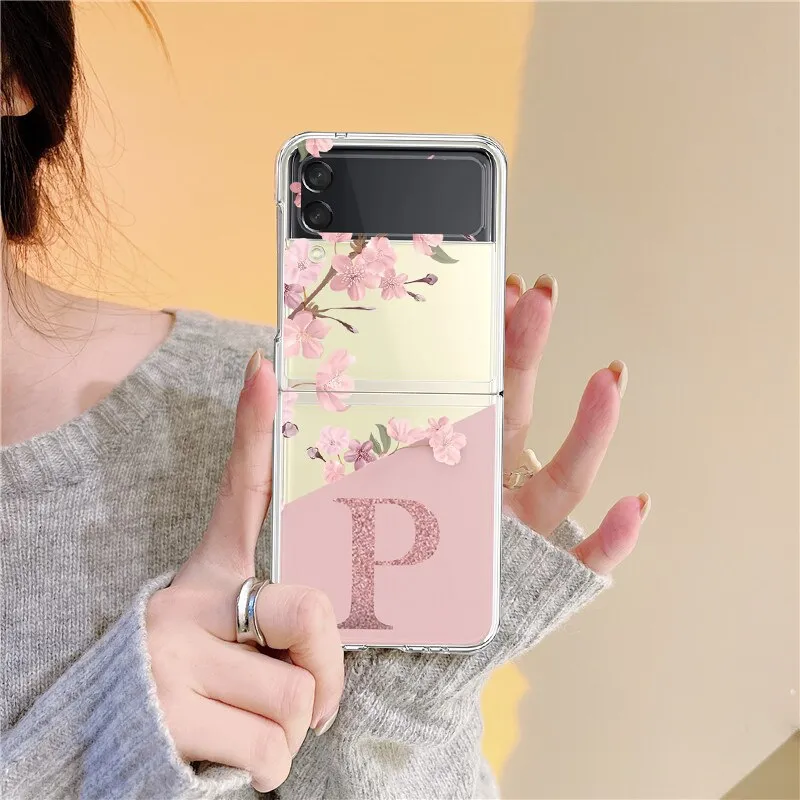 Cherry Blossom Flower Initial Alphabet Clear Samsung Galaxy Z Flip 3 4 Case
