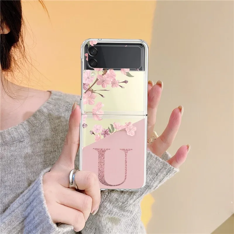 Cherry Blossom Flower Initial Alphabet Clear Samsung Galaxy Z Flip 3 4 Case