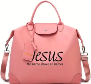 Christian Religious Handbag, Pink Faux Leather Tote with Jesus Quote, Shoulder Bag with Detachable Strap