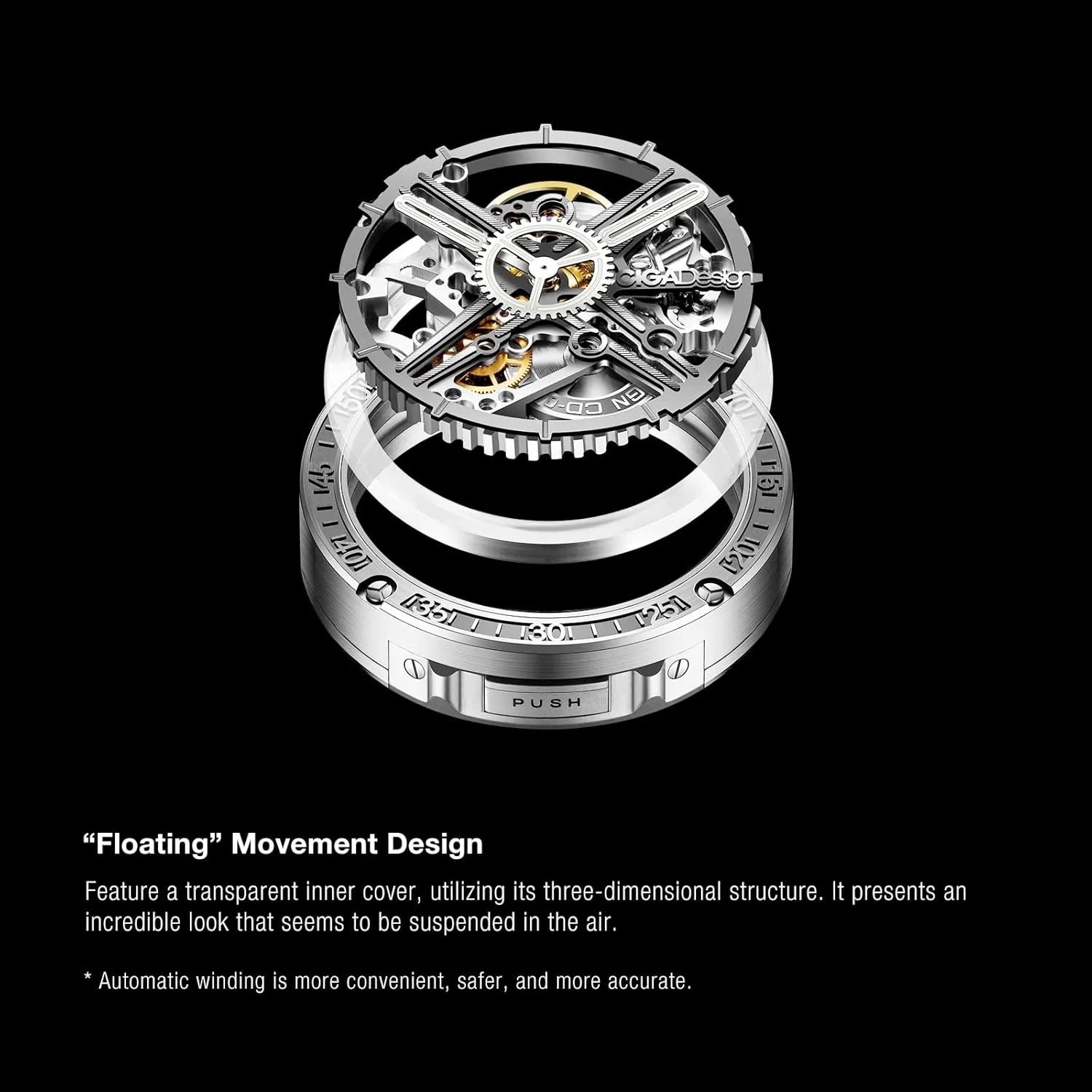 CIGA Design Automatic/Manual Mechanical Watch Magician Series Stainless Steel/Titanium Detachable Case Sapphire Crystal Fluororubber Strap Watches for Men and Women with 3 Shapes Case