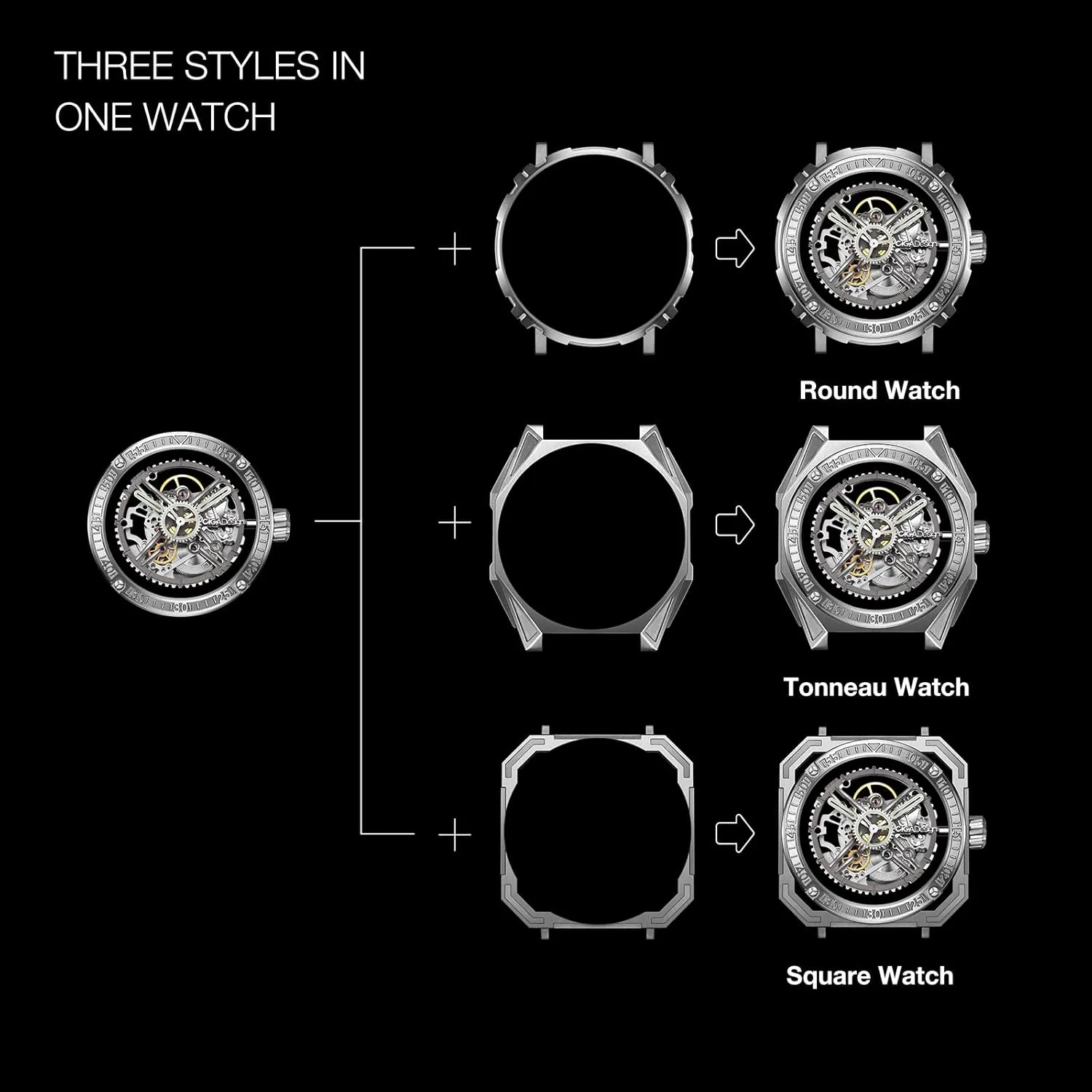 CIGA Design Automatic/Manual Mechanical Watch Magician Series Stainless Steel/Titanium Detachable Case Sapphire Crystal Fluororubber Strap Watches for Men and Women with 3 Shapes Case