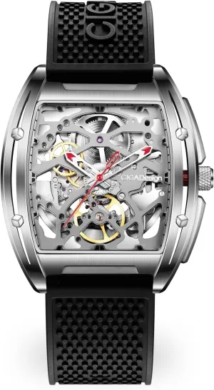 CIGA Design Z Series Automatic Mechanical Watch, Luxury Skeleton Wristwatch Tonneau with Leather and Silicone Strap Stainless Steel Business Dress Waterproof Timepiece Gifts for Men and Women