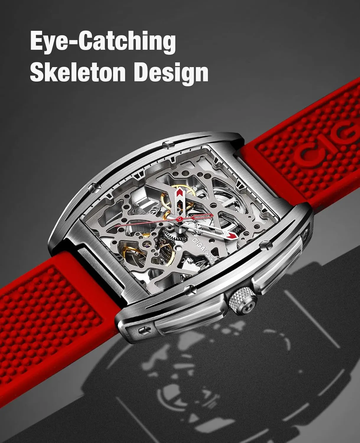 CIGA Design Z Series Automatic Mechanical Watch, Luxury Skeleton Wristwatch Tonneau with Leather and Silicone Strap Stainless Steel Business Dress Waterproof Timepiece Gifts for Men and Women
