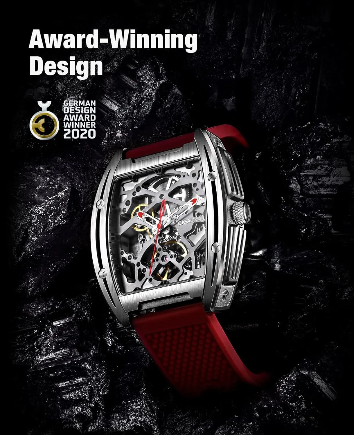 CIGA Design Z Series Automatic Mechanical Watch, Luxury Skeleton Wristwatch Tonneau with Leather and Silicone Strap Stainless Steel Business Dress Waterproof Timepiece Gifts for Men and Women