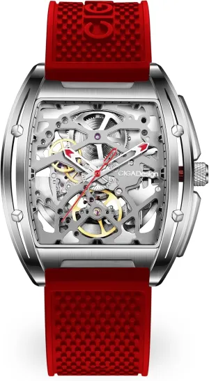 CIGA Design Z Series Automatic Mechanical Watch, Luxury Skeleton Wristwatch Tonneau with Leather and Silicone Strap Stainless Steel Business Dress Waterproof Timepiece Gifts for Men and Women