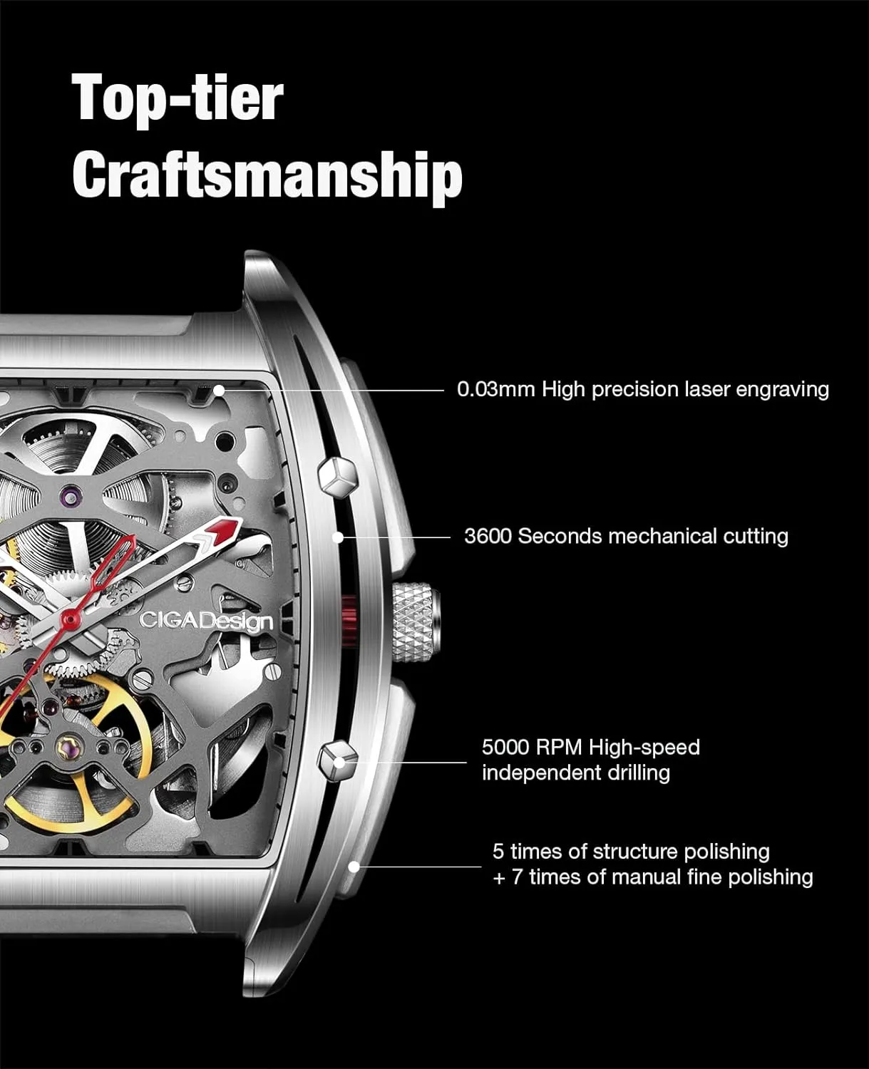 CIGA Design Z Series Automatic Mechanical Watch, Luxury Skeleton Wristwatch Tonneau with Leather and Silicone Strap Stainless Steel Business Dress Waterproof Timepiece Gifts for Men and Women