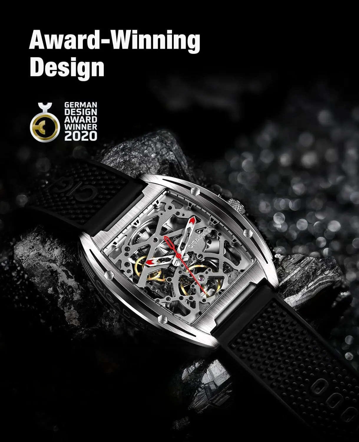 CIGA Design Z Series Automatic Mechanical Watch, Luxury Skeleton Wristwatch Tonneau with Leather and Silicone Strap Stainless Steel Business Dress Waterproof Timepiece Gifts for Men and Women