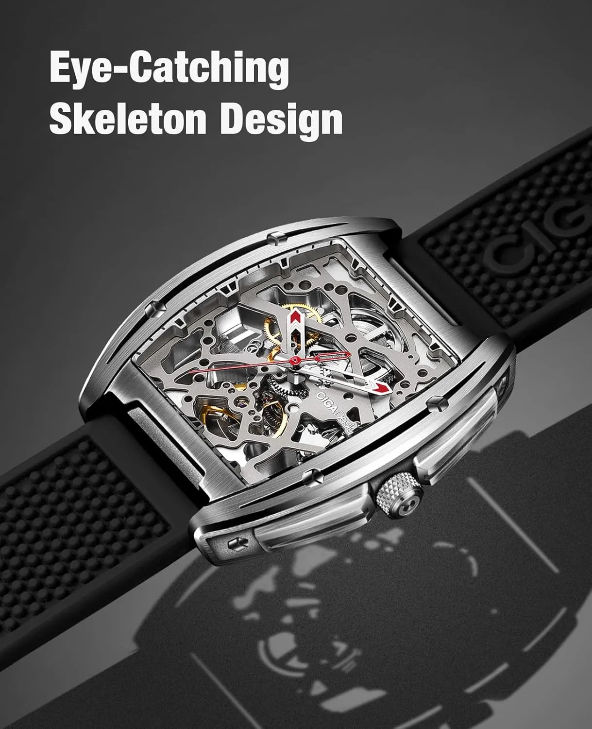 CIGA Design Z Series Automatic Mechanical Watch, Luxury Skeleton Wristwatch Tonneau with Leather and Silicone Strap Stainless Steel Business Dress Waterproof Timepiece Gifts for Men and Women