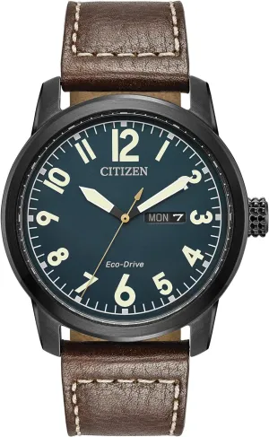 Citizen Men's Eco-Drive Weekender Garrison Field Watch in Black IP Stainless Steel with Brown Leather strap, Navy Dial (Model: BM8478-01L)