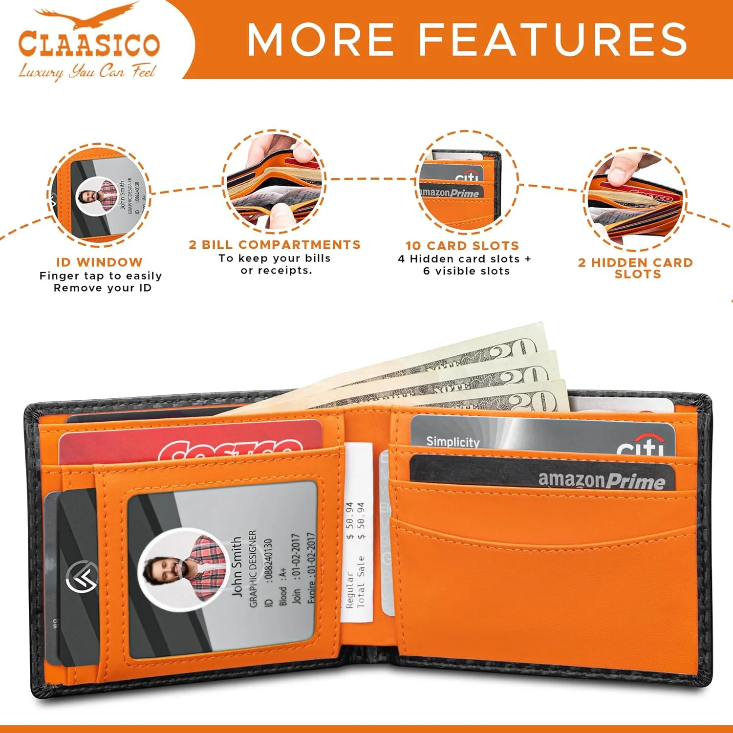 Claasico Men’s Bifold Wallet for Men – Genuine Leather RFID Wallet, Slim Billfold Cardholder w/ID Window – Gift Box Included