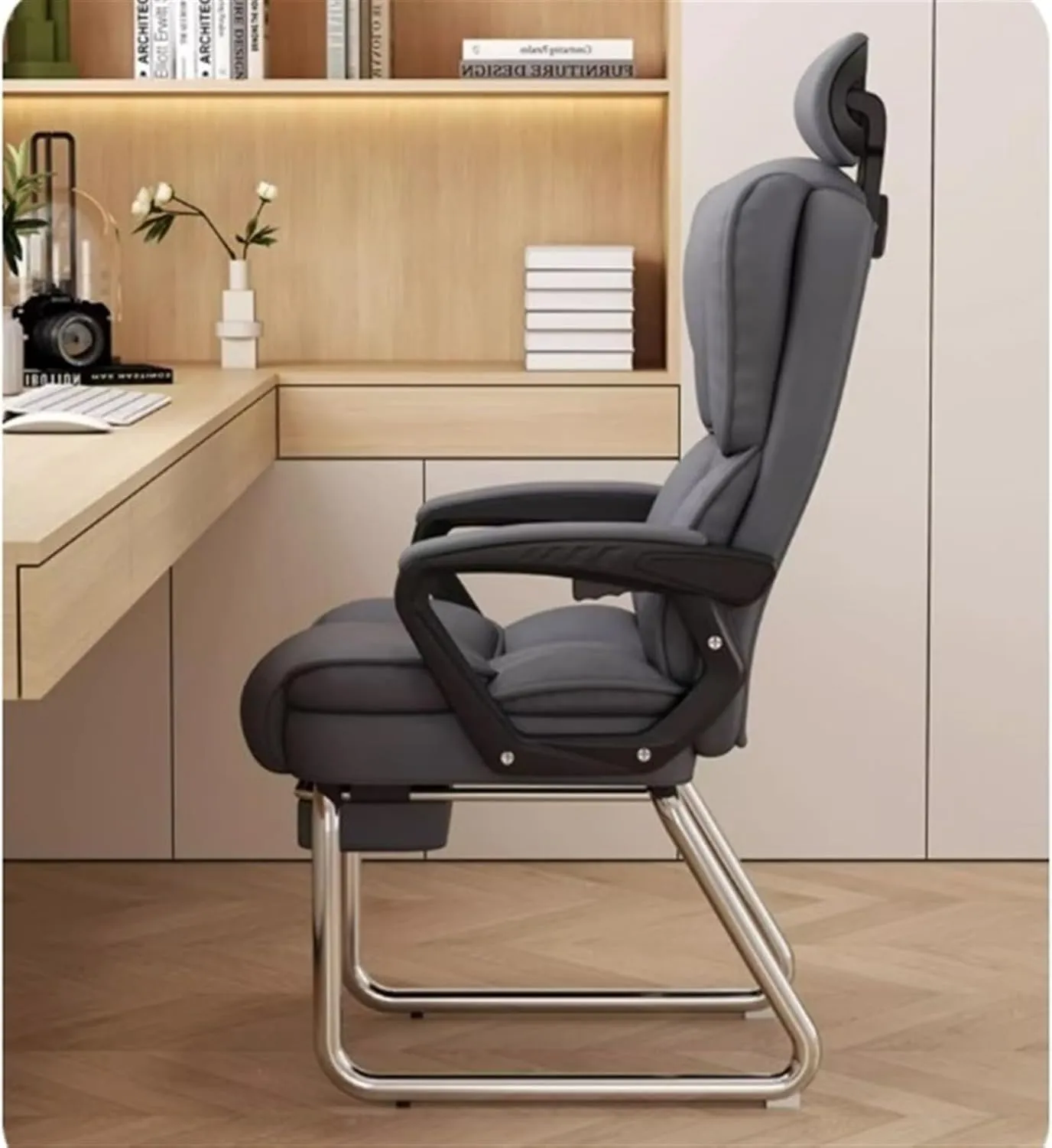 Classic Home Office High Back Chair PU Leather Soft Executive Side Reception Chair with Silver Sled Base No Wheels Desk Task Chair(Gris)
