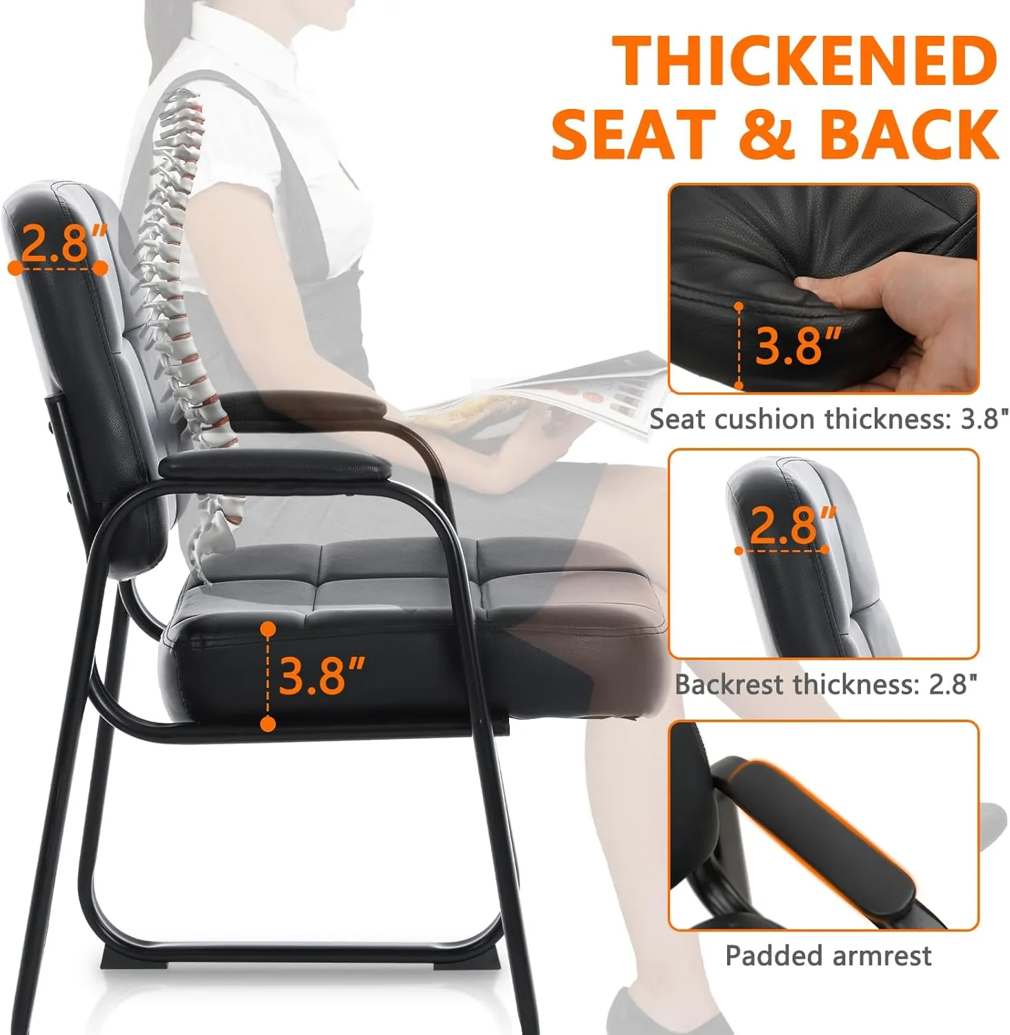 CLATINA Big & Tall Waiting Room Guest Chair with Bonded Leather Padded Arm Rest and Sled Base for Office Reception Lobby and Conference Desk, Black