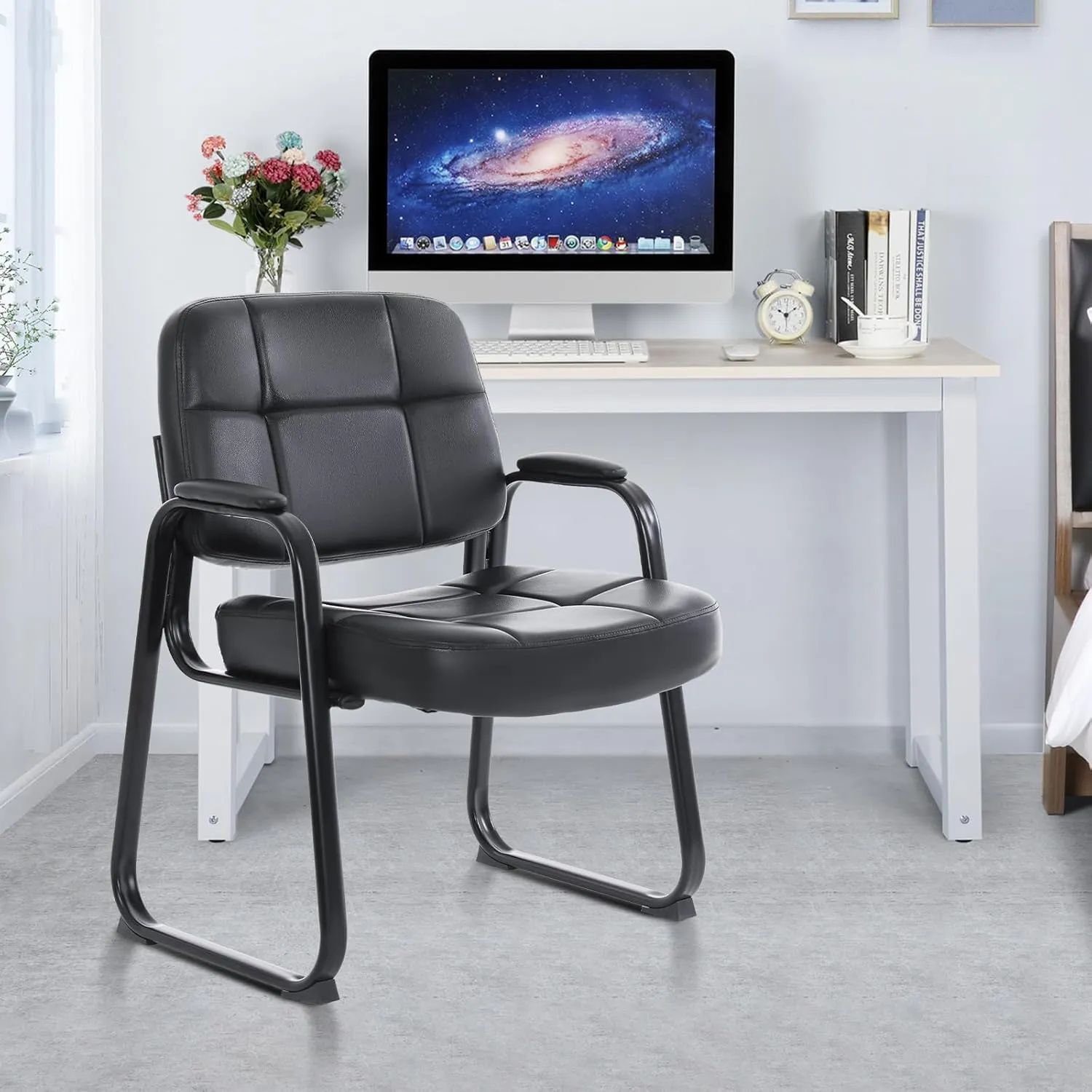 CLATINA Big & Tall Waiting Room Guest Chair with Bonded Leather Padded Arm Rest and Sled Base for Office Reception Lobby and Conference Desk, Black