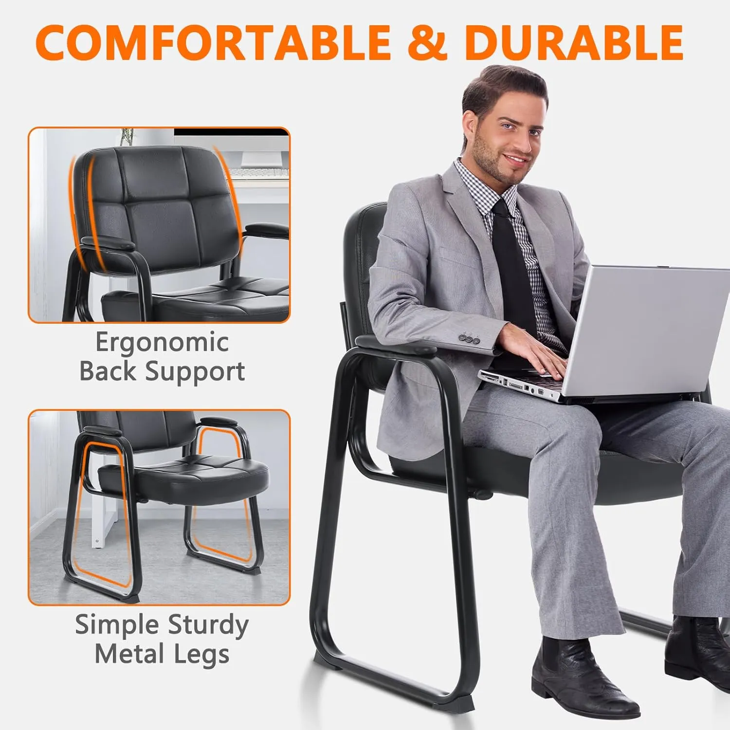 CLATINA Big & Tall Waiting Room Guest Chair with Bonded Leather Padded Arm Rest and Sled Base for Office Reception Lobby and Conference Desk, Black