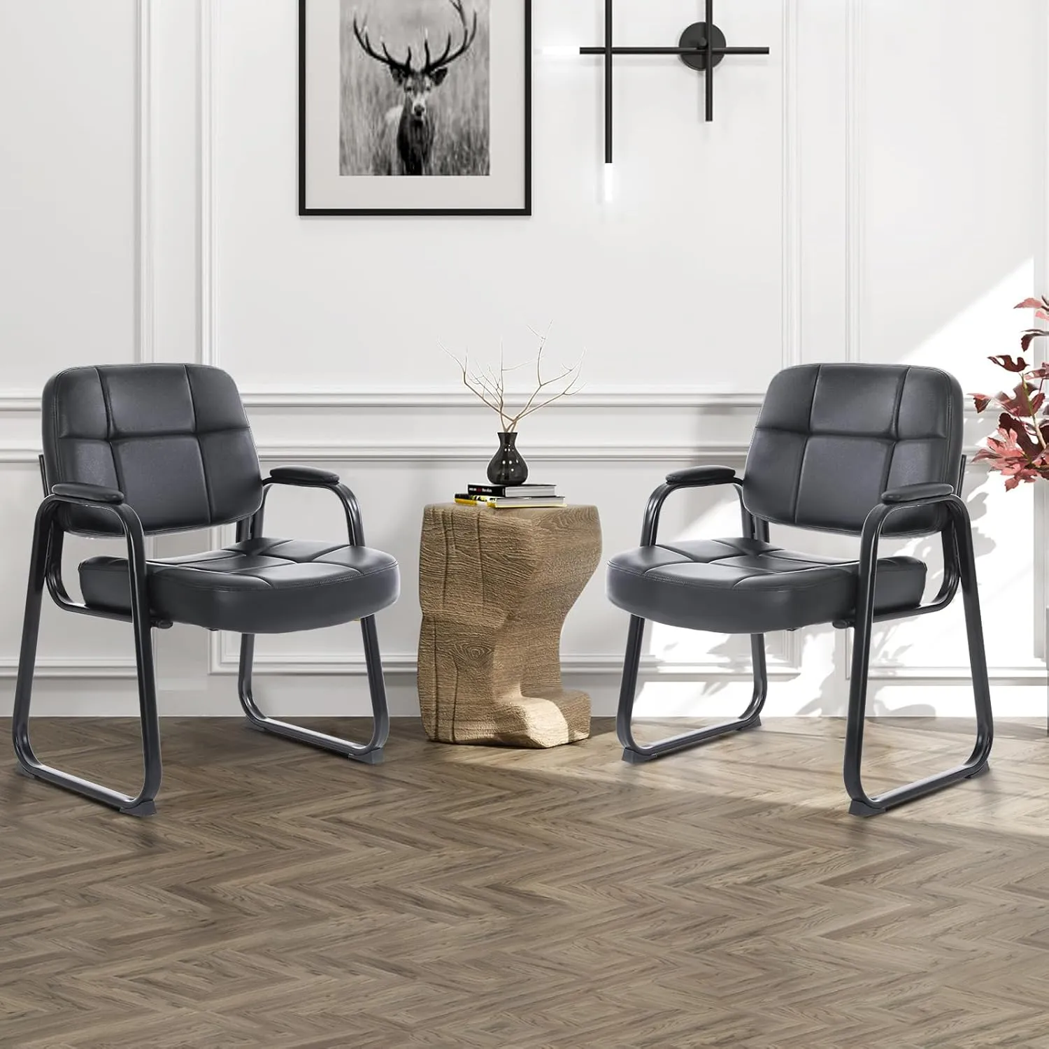 CLATINA Big & Tall Waiting Room Guest Chair with Bonded Leather Padded Arm Rest and Sled Base for Office Reception Lobby and Conference Desk, Black