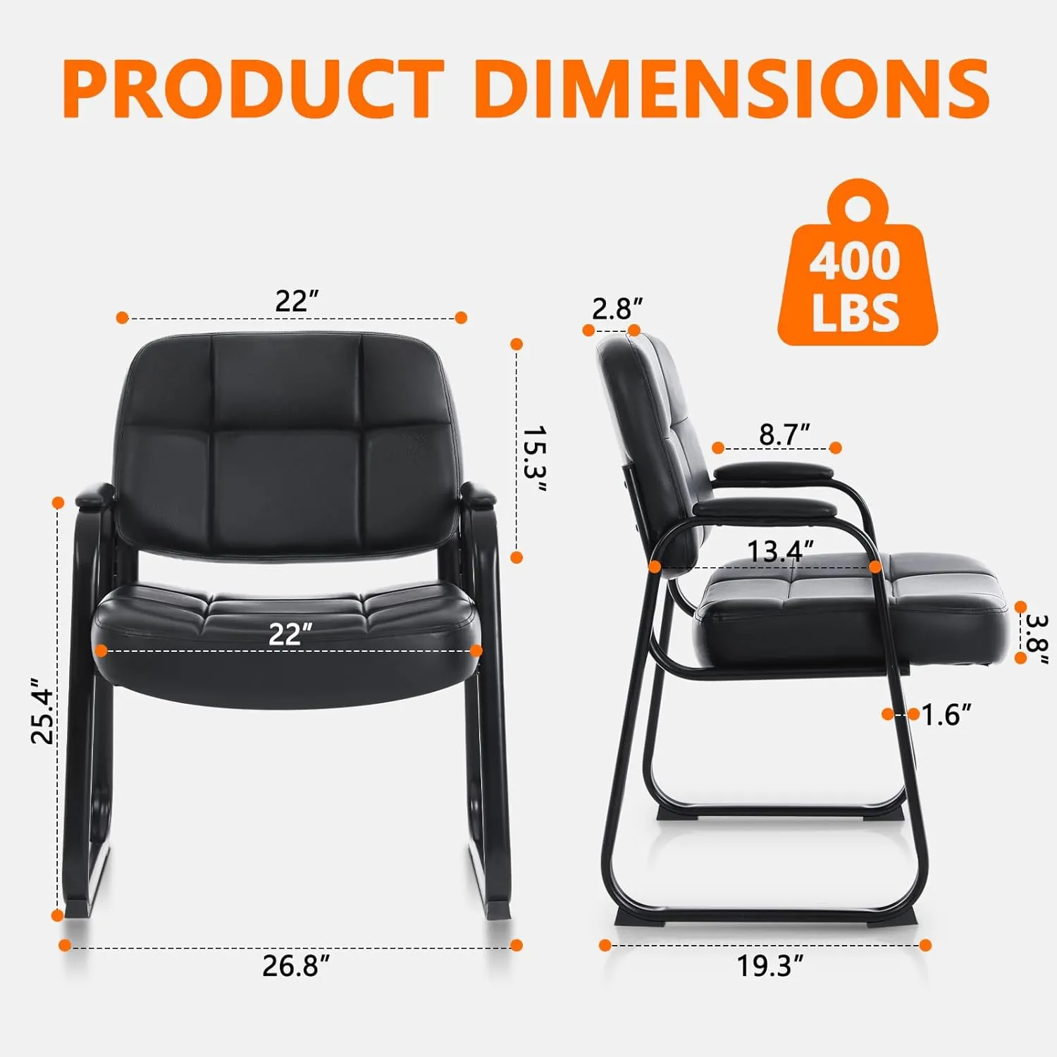 CLATINA Big & Tall Waiting Room Guest Chair with Bonded Leather Padded Arm Rest and Sled Base for Office Reception Lobby and Conference Desk, Black