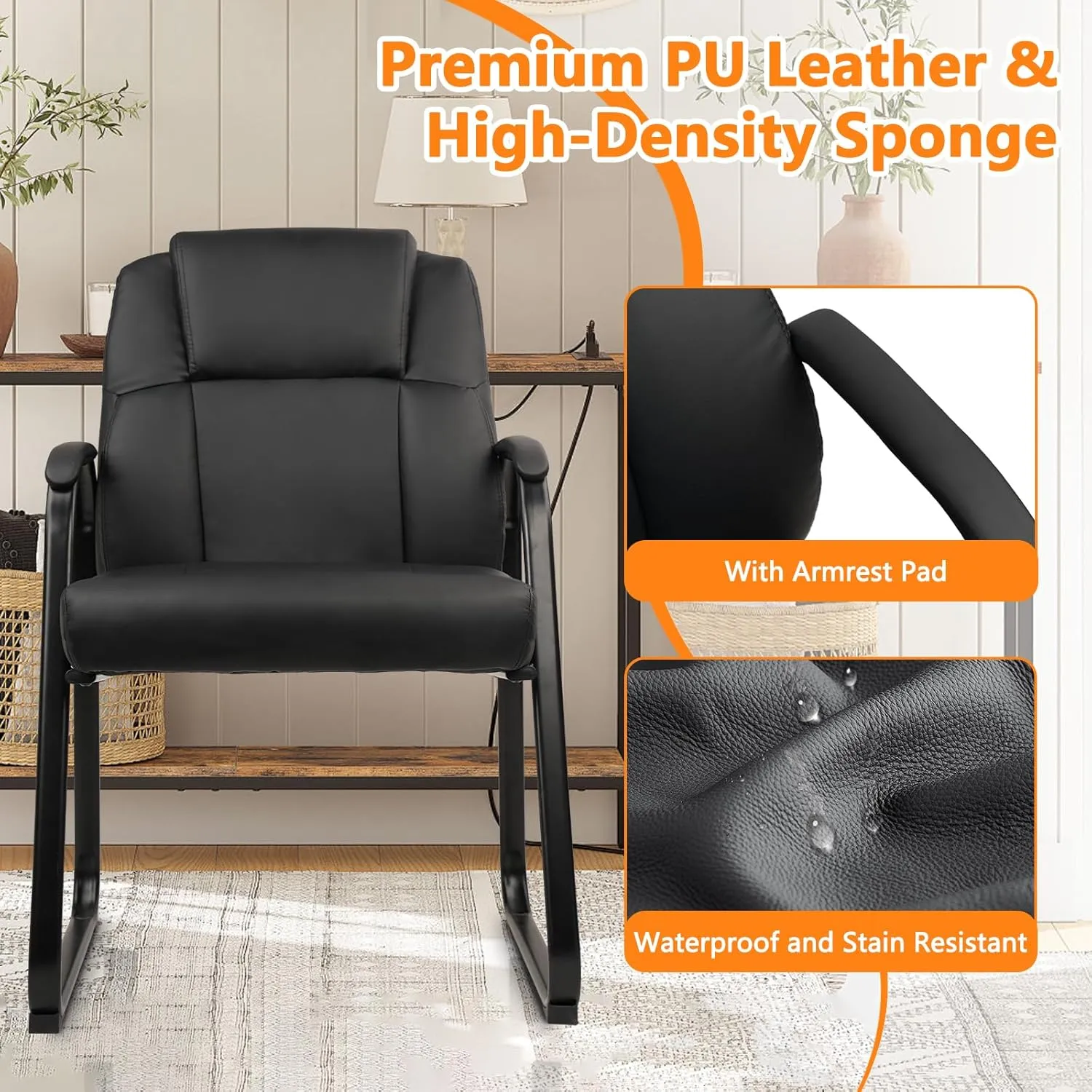 CLATINA Leather Guest Chair with Padded Arm Rest for Reception Meeting Conference and Waiting Room Side Office Home Black with Sled Base 1 Pack
