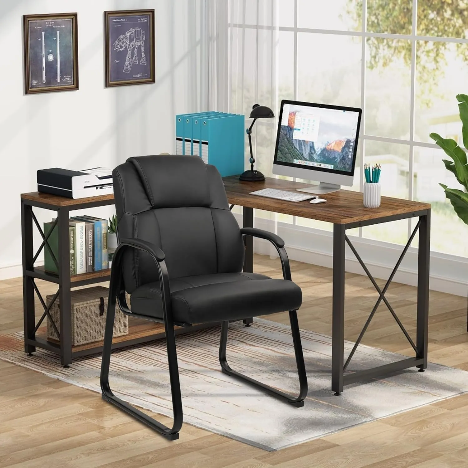 CLATINA Leather Guest Chair with Padded Arm Rest for Reception Meeting Conference and Waiting Room Side Office Home Black with Sled Base 1 Pack