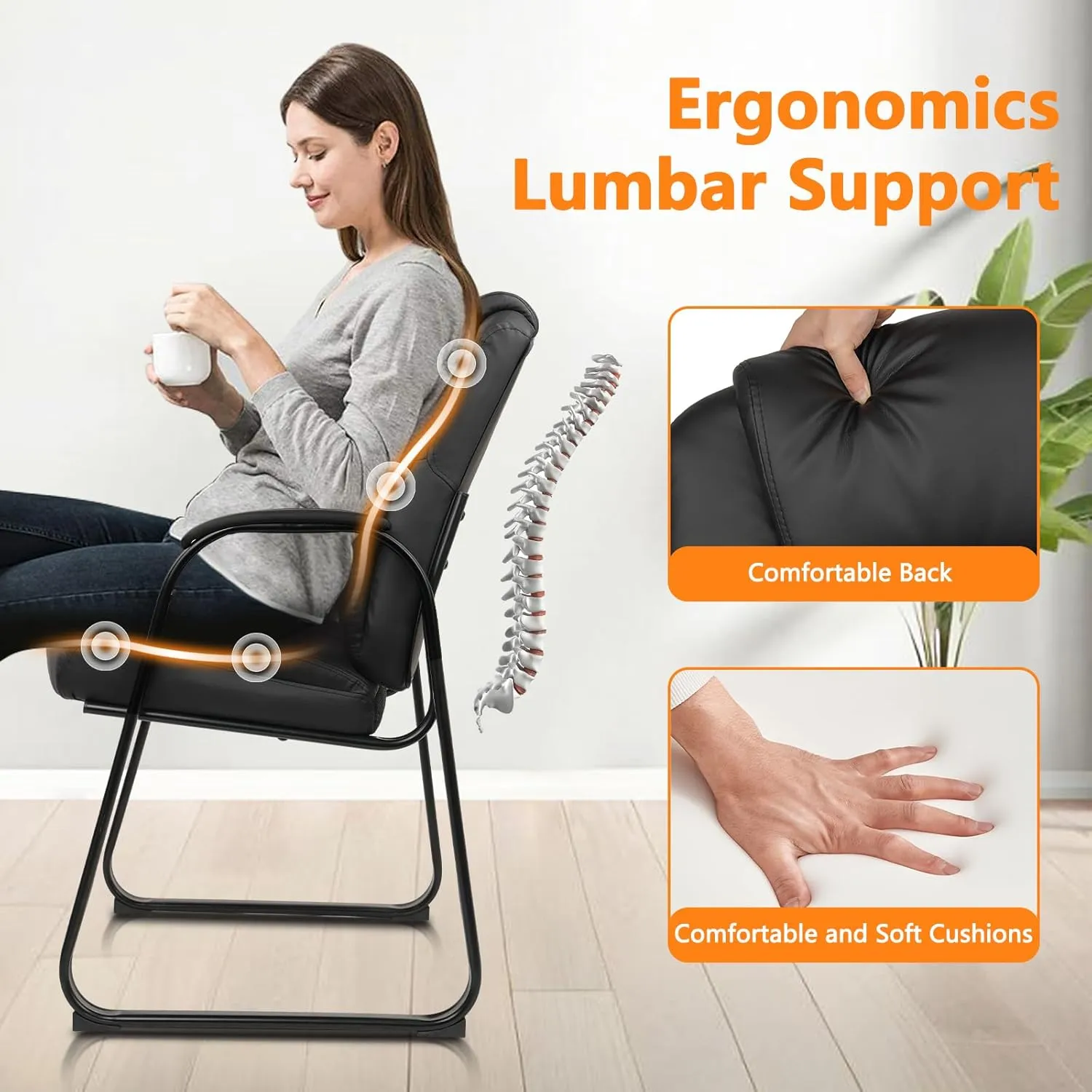 CLATINA Leather Guest Chair with Padded Arm Rest for Reception Meeting Conference and Waiting Room Side Office Home Black with Sled Base 1 Pack