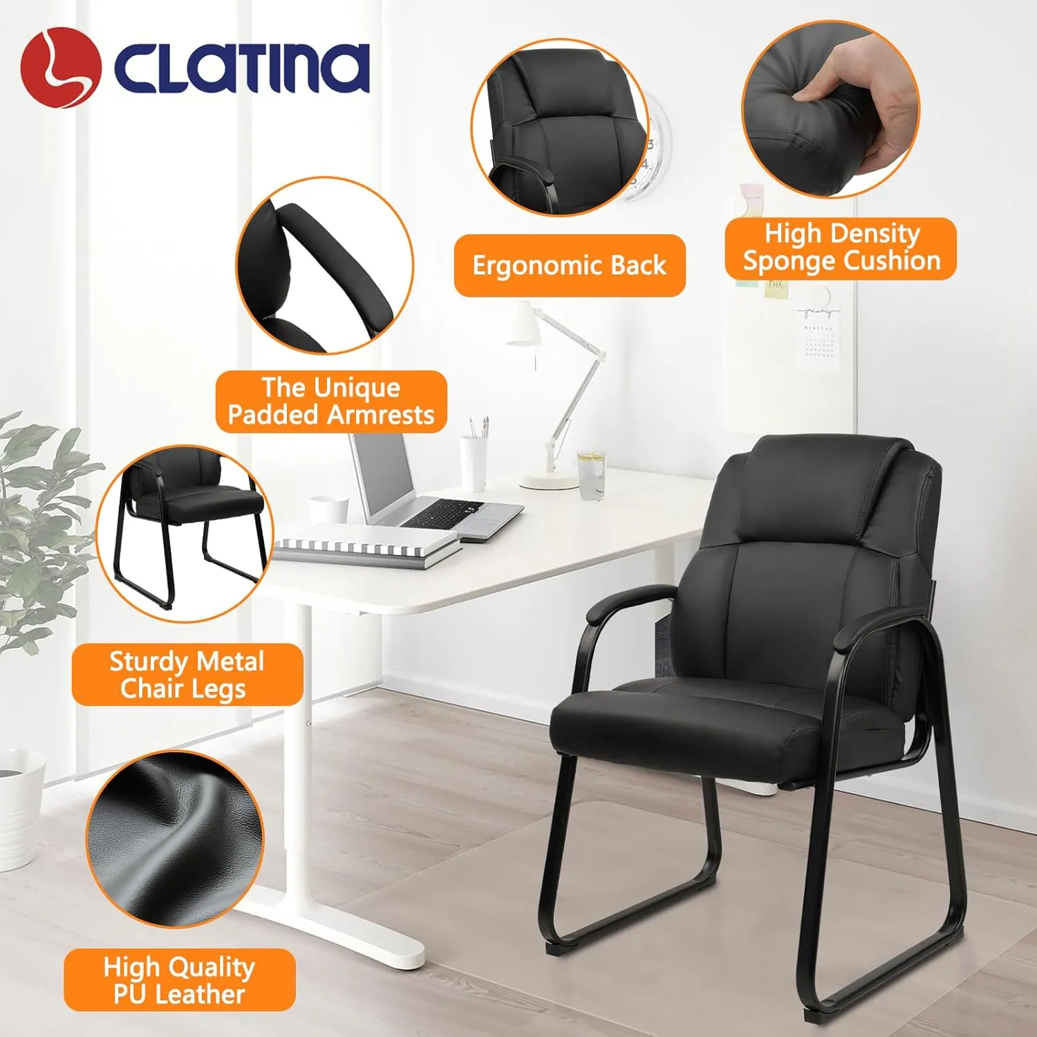 CLATINA Leather Guest Chair with Padded Arm Rest for Reception Meeting Conference and Waiting Room Side Office Home Black with Sled Base 1 Pack