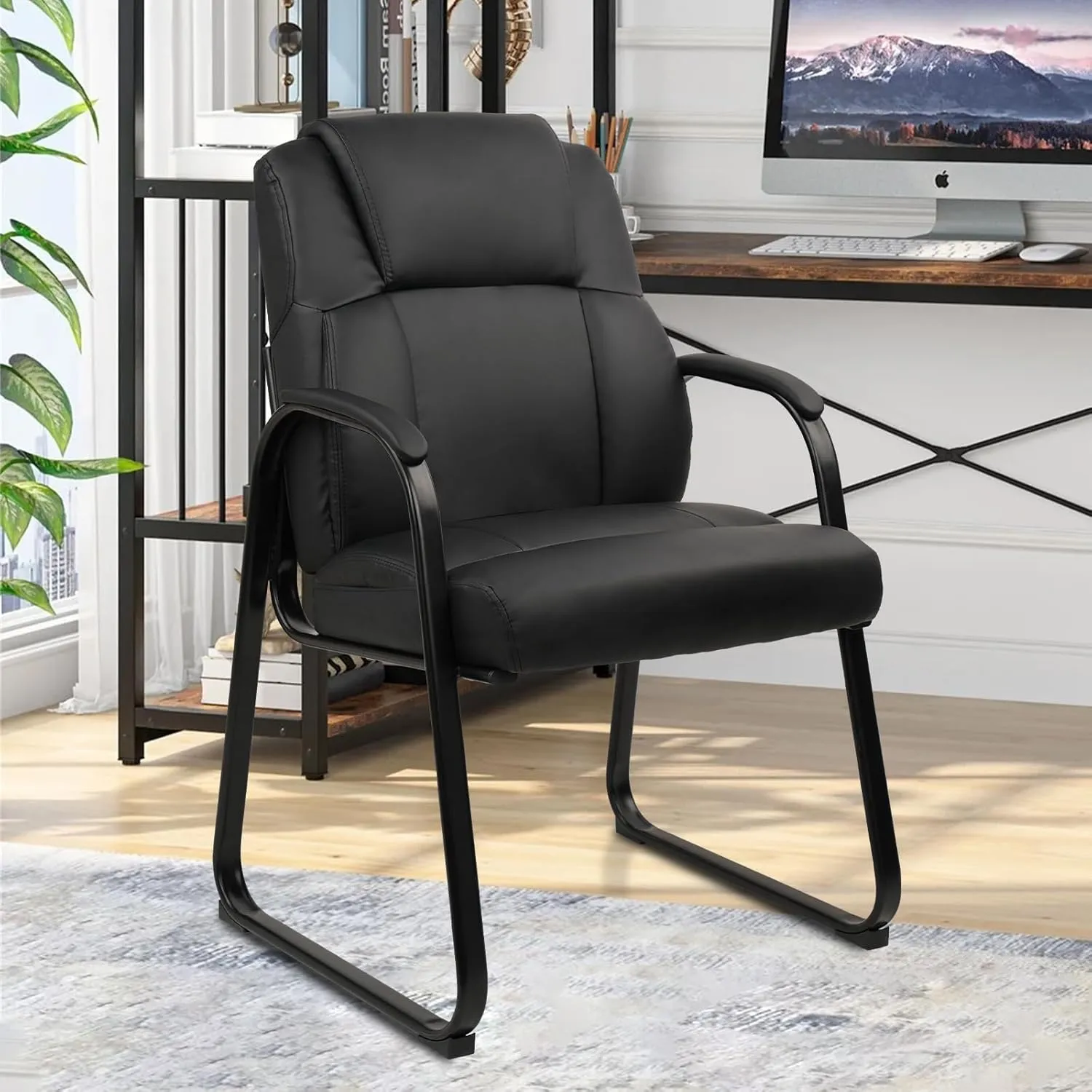 CLATINA Leather Guest Chair with Padded Arm Rest for Reception Meeting Conference and Waiting Room Side Office Home Black with Sled Base 1 Pack