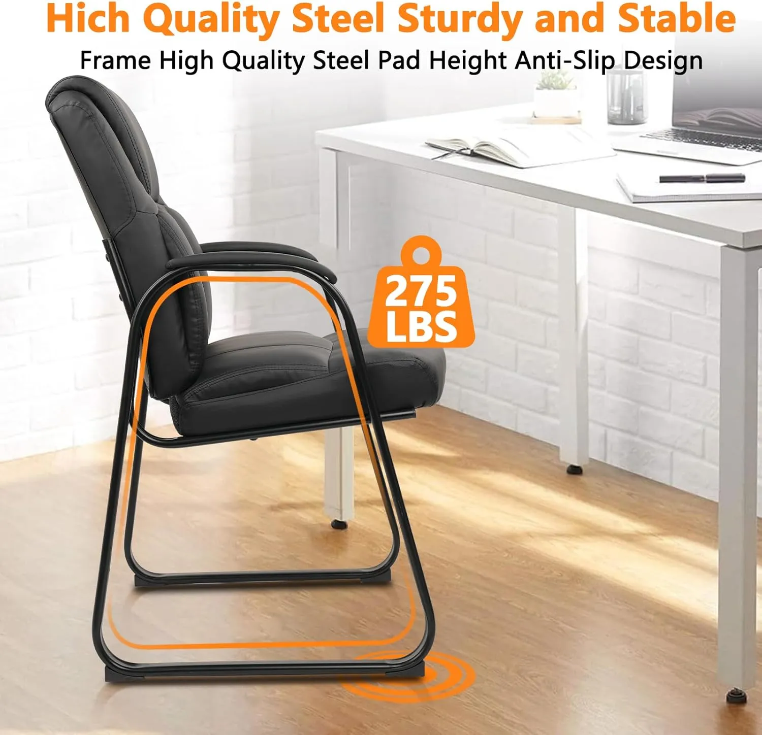 CLATINA Leather Guest Chair with Padded Arm Rest for Reception Meeting Conference and Waiting Room Side Office Home Black with Sled Base 1 Pack