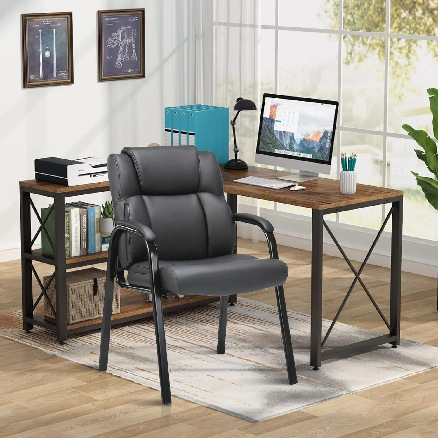 CLATINA Leather Guest Chair with Padded Arm Rest for Reception Meeting Conference and Waiting Room Side Office Home Black