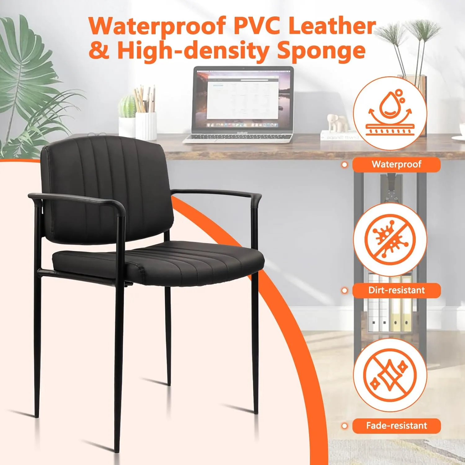 CLATINA Stackable Waiting Room Chair with Armrest, Leather Comfy Reception Guest Chairs, Stationary Office Desk Chair No Wheels for Conference, Lobby, Side, School, Black, Stripe, 4 Pack