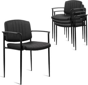 CLATINA Stackable Waiting Room Chair with Armrest, Leather Comfy Reception Guest Chairs, Stationary Office Desk Chair No Wheels for Conference, Lobby, Side, School, Black, Stripe, 4 Pack