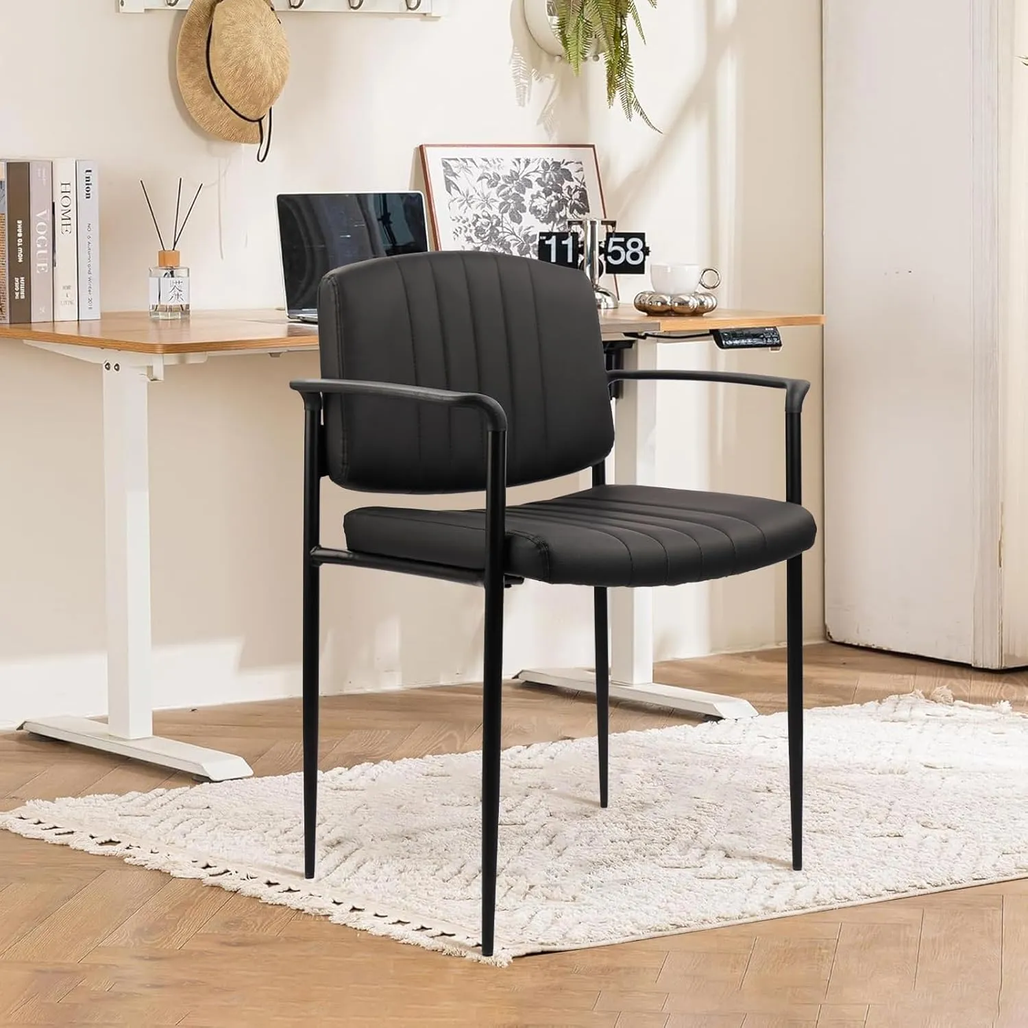 CLATINA Stackable Waiting Room Chair with Armrest, Leather Comfy Reception Guest Chairs, Stationary Office Desk Chair No Wheels for Conference, Lobby, Side, School, Black, Stripe, 4 Pack