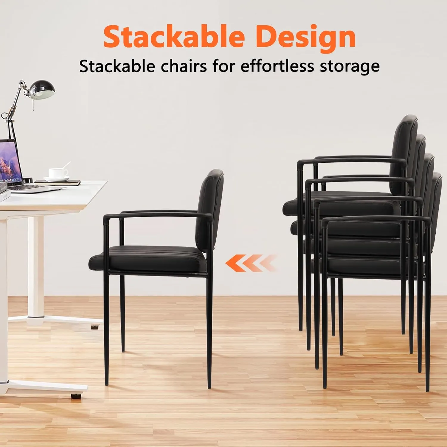 CLATINA Stackable Waiting Room Chair with Armrest, Leather Comfy Reception Guest Chairs, Stationary Office Desk Chair No Wheels for Conference, Lobby, Side, School, Black, Stripe, 4 Pack