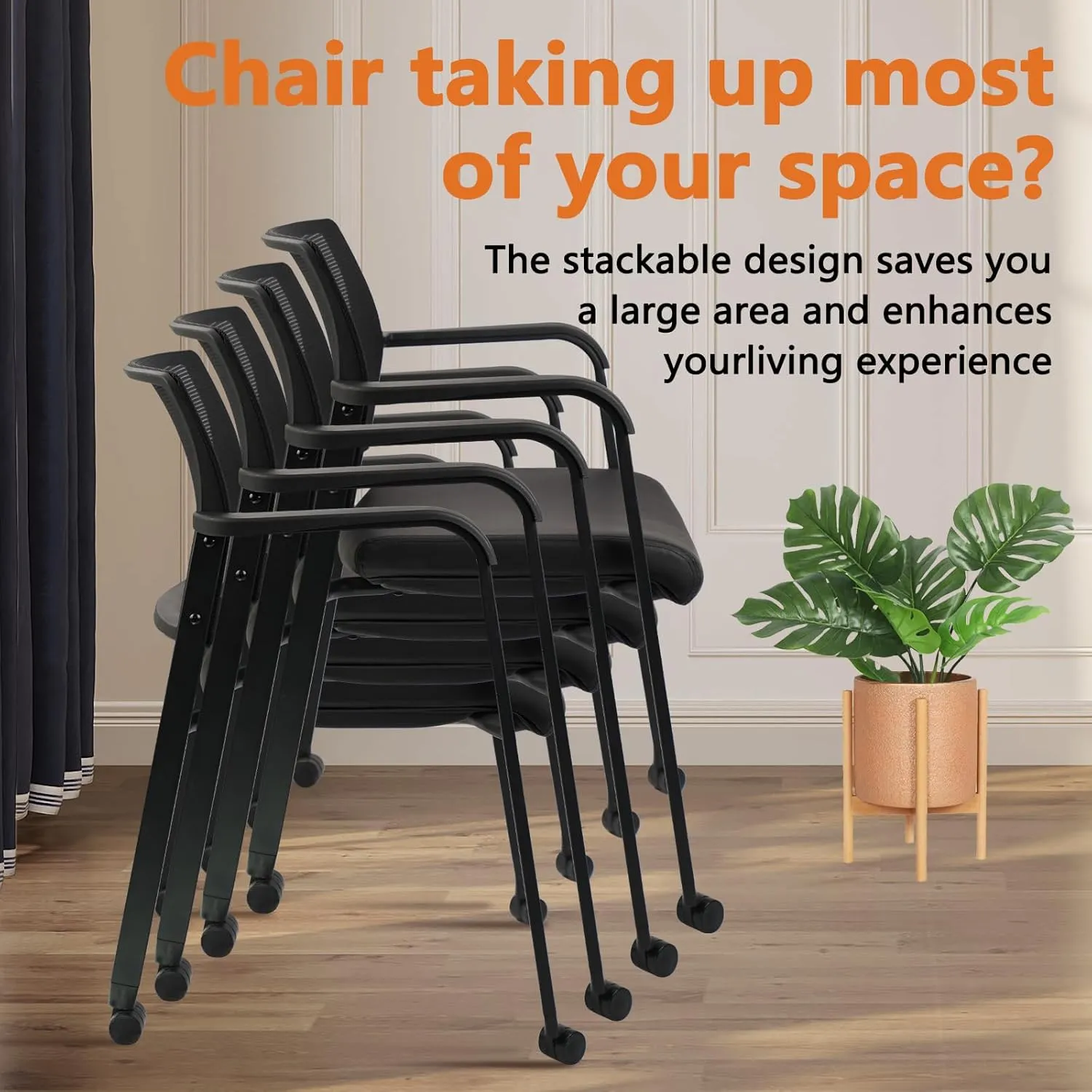 CLATINA Stacking Office Chair with Wheels, Mesh Back Waiting Room Guest Chairs with Arms Comfortable Leather Cushion Stackable Desk Chair for Conference Reception School Side Stationary, Black, 4PK