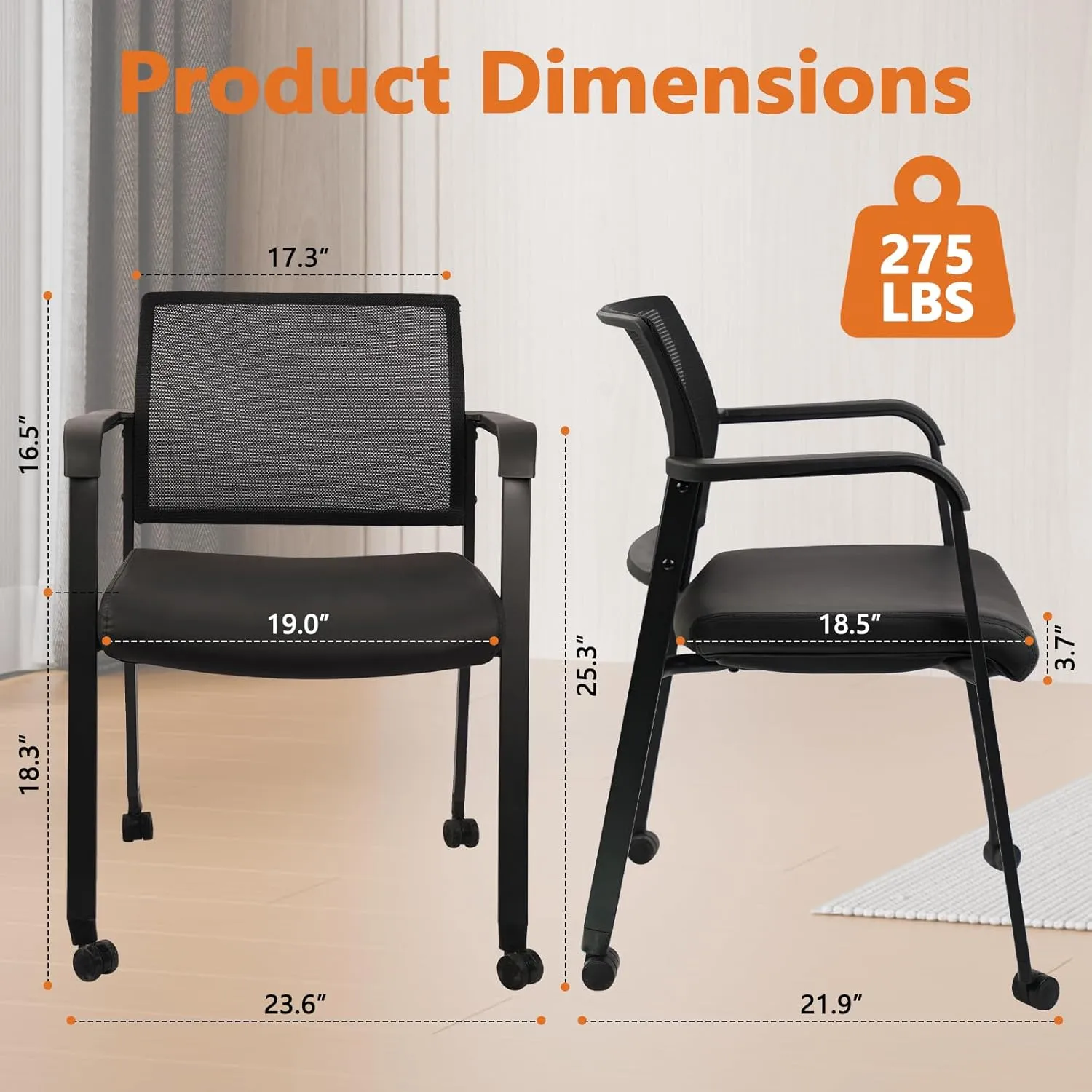 CLATINA Stacking Office Chair with Wheels, Mesh Back Waiting Room Guest Chairs with Arms Comfortable Leather Cushion Stackable Desk Chair for Conference Reception School Side Stationary, Black, 4PK