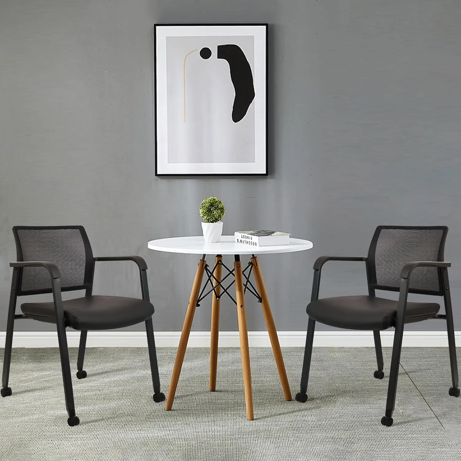 CLATINA Stacking Office Chair with Wheels, Mesh Back Waiting Room Guest Chairs with Arms Comfortable Leather Cushion Stackable Desk Chair for Conference Reception School Side Stationary, Black, 4PK