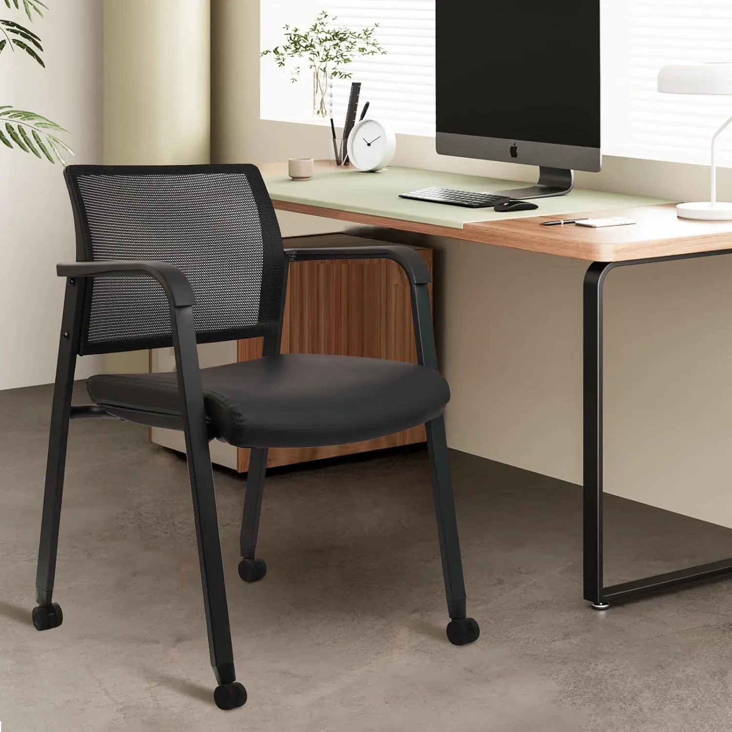 CLATINA Stacking Office Chair with Wheels, Mesh Back Waiting Room Guest Chairs with Arms Comfortable Leather Cushion Stackable Desk Chair for Conference Reception School Side Stationary, Black, 4PK