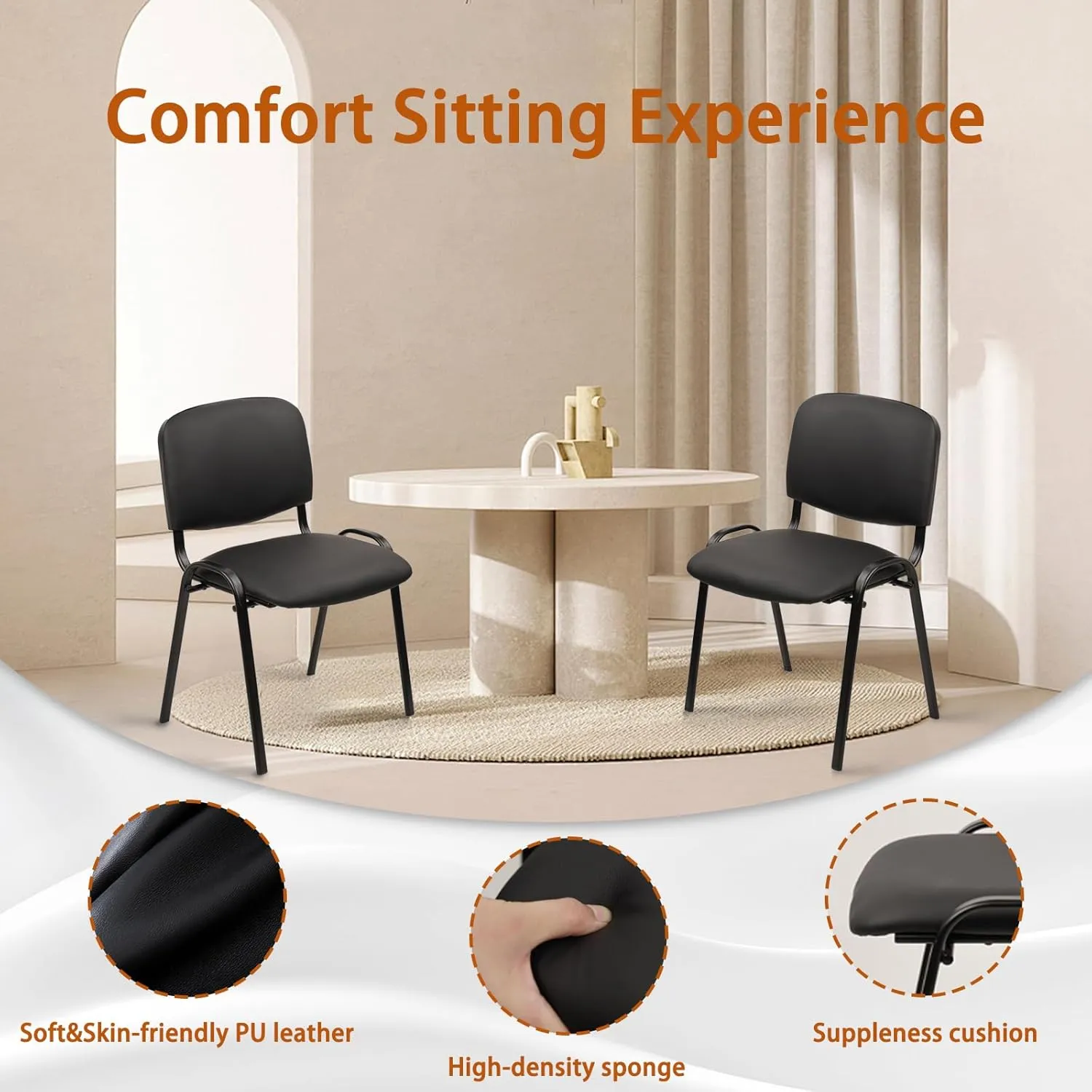 CLATINA Stacking Waiting Room Chairs, PU Leather Armless Office Guest Chair with Metal Frames, Stackable Conference Room Chairs No Wheels for Reception Lobby Side Training School, Black Set of 5