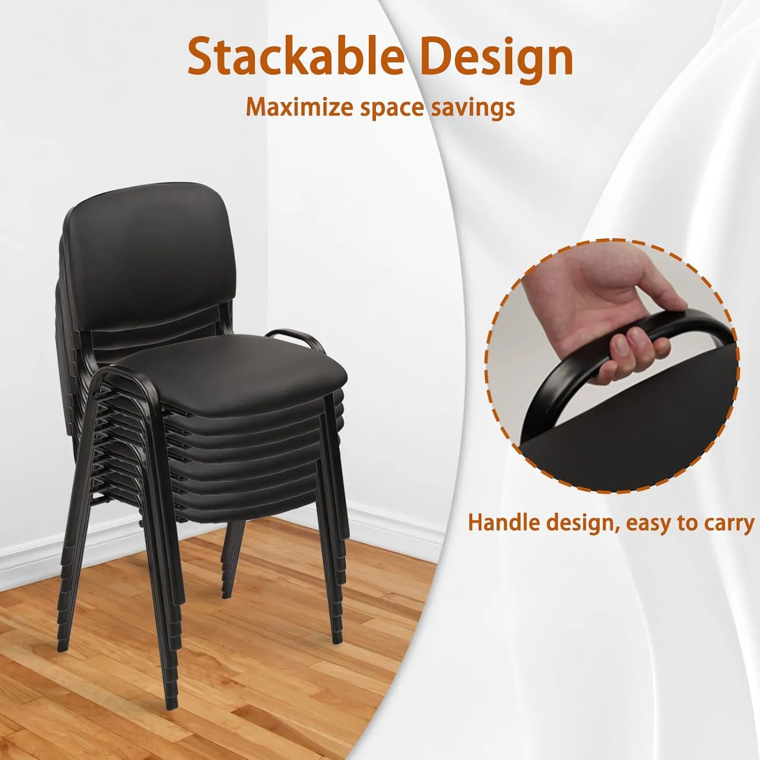 CLATINA Stacking Waiting Room Chairs, PU Leather Armless Office Guest Chair with Metal Frames, Stackable Conference Room Chairs No Wheels for Reception Lobby Side Training School, Black Set of 5