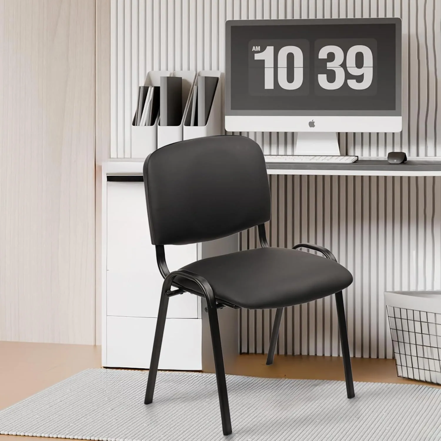 CLATINA Stacking Waiting Room Chairs, PU Leather Armless Office Guest Chair with Metal Frames, Stackable Conference Room Chairs No Wheels for Reception Lobby Side Training School, Black Set of 5
