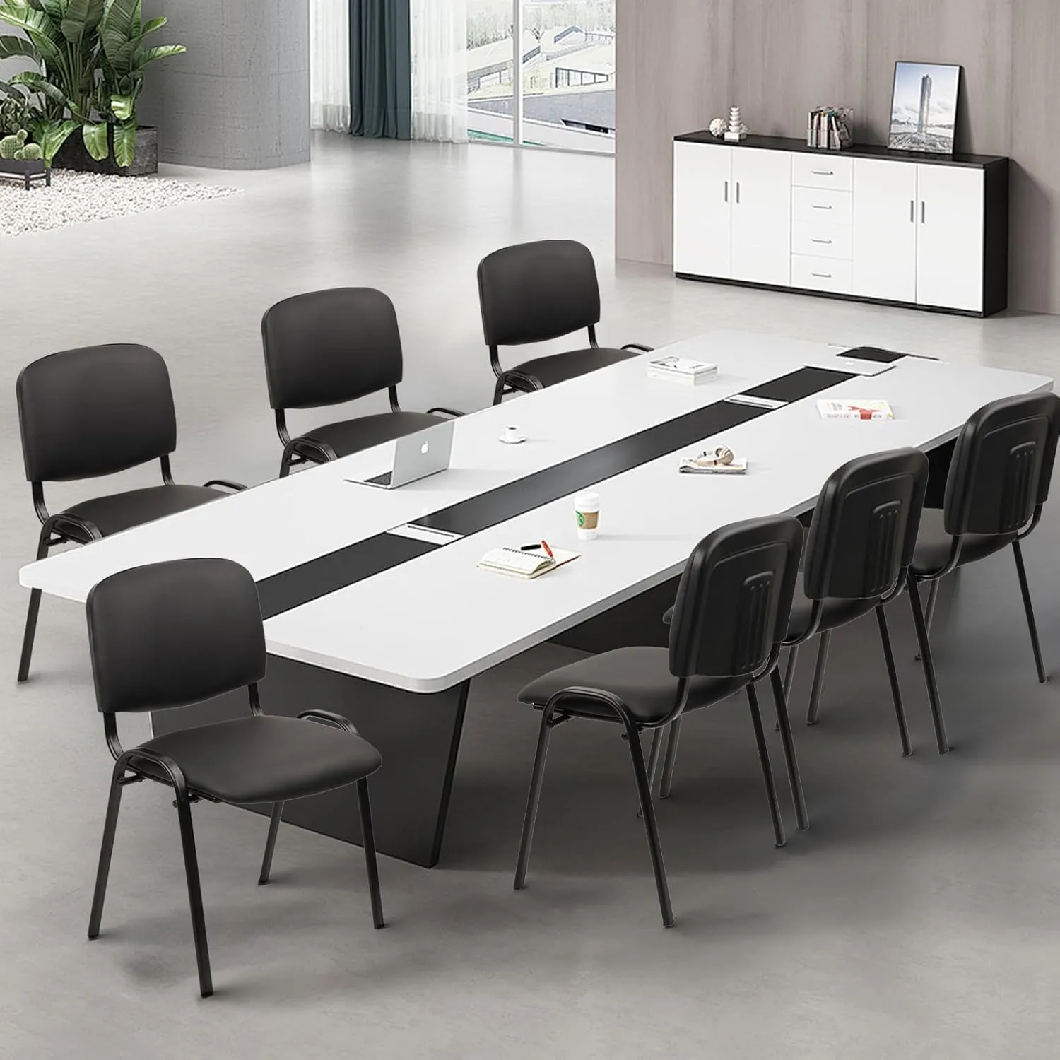 CLATINA Stacking Waiting Room Chairs, PU Leather Armless Office Guest Chair with Metal Frames, Stackable Conference Room Chairs No Wheels for Reception Lobby Side Training School, Black Set of 5