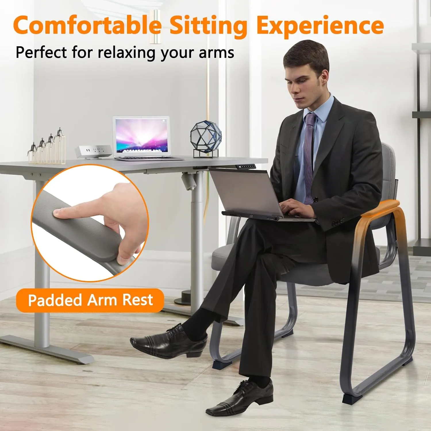 CLATINA Waiting Room Guest Chair with Bonded Leather Padded Arm Rest for Office Reception and Conference Desk Black with Sled Base Grey 1Pack